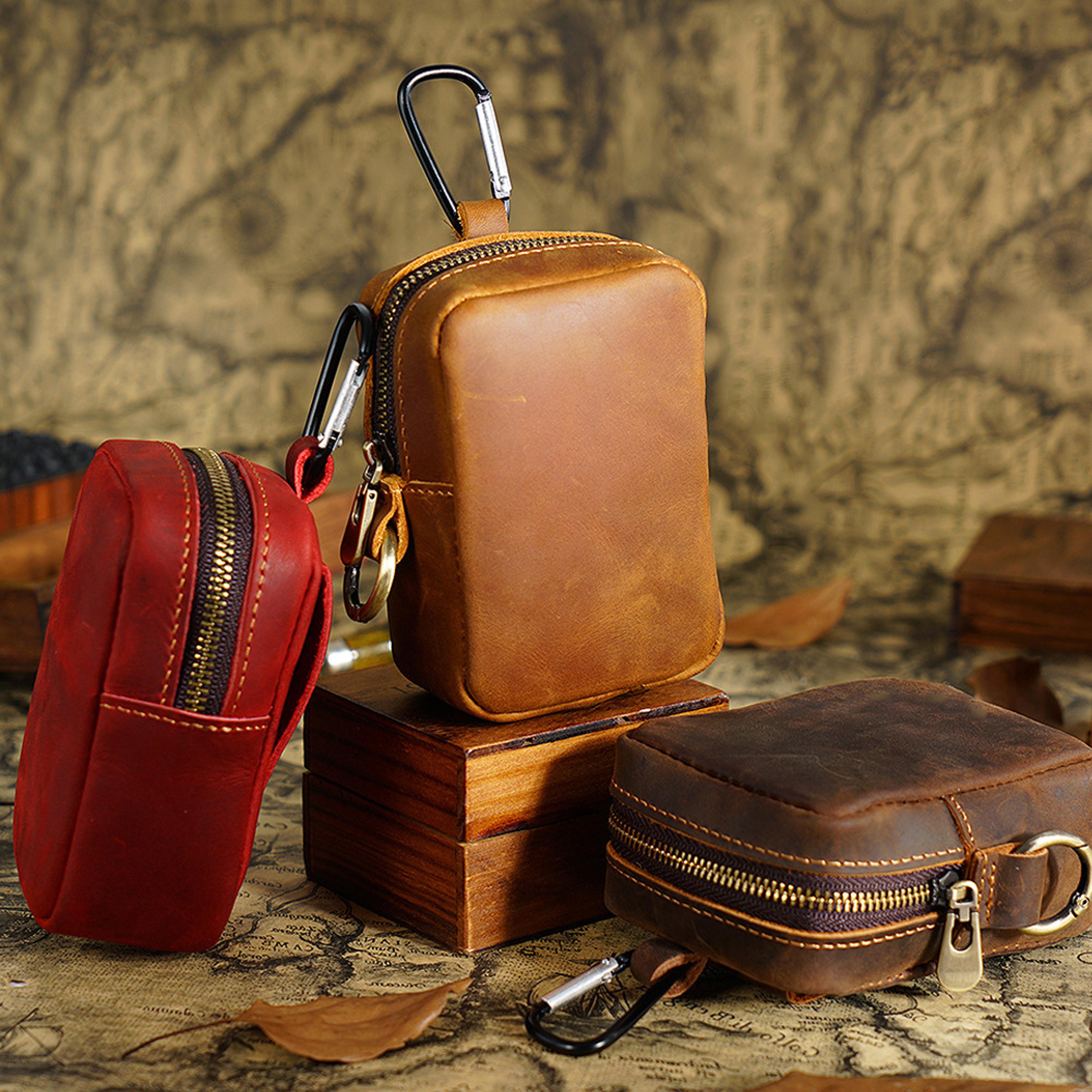 vintage pu leather mini coin purse with hook key chain pouch