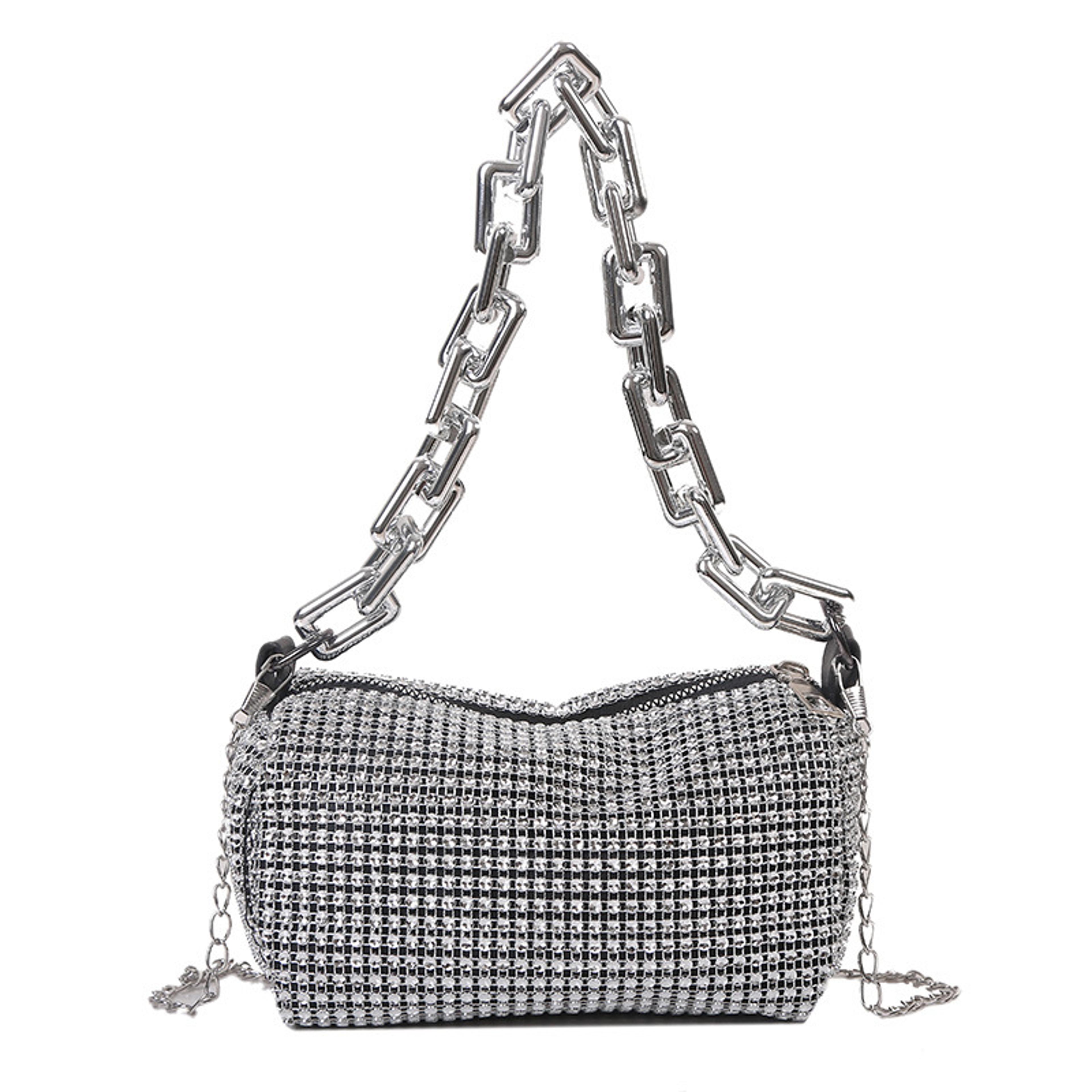 luxe rhinestone bucket bag mini crossbody prom purse with chain strap