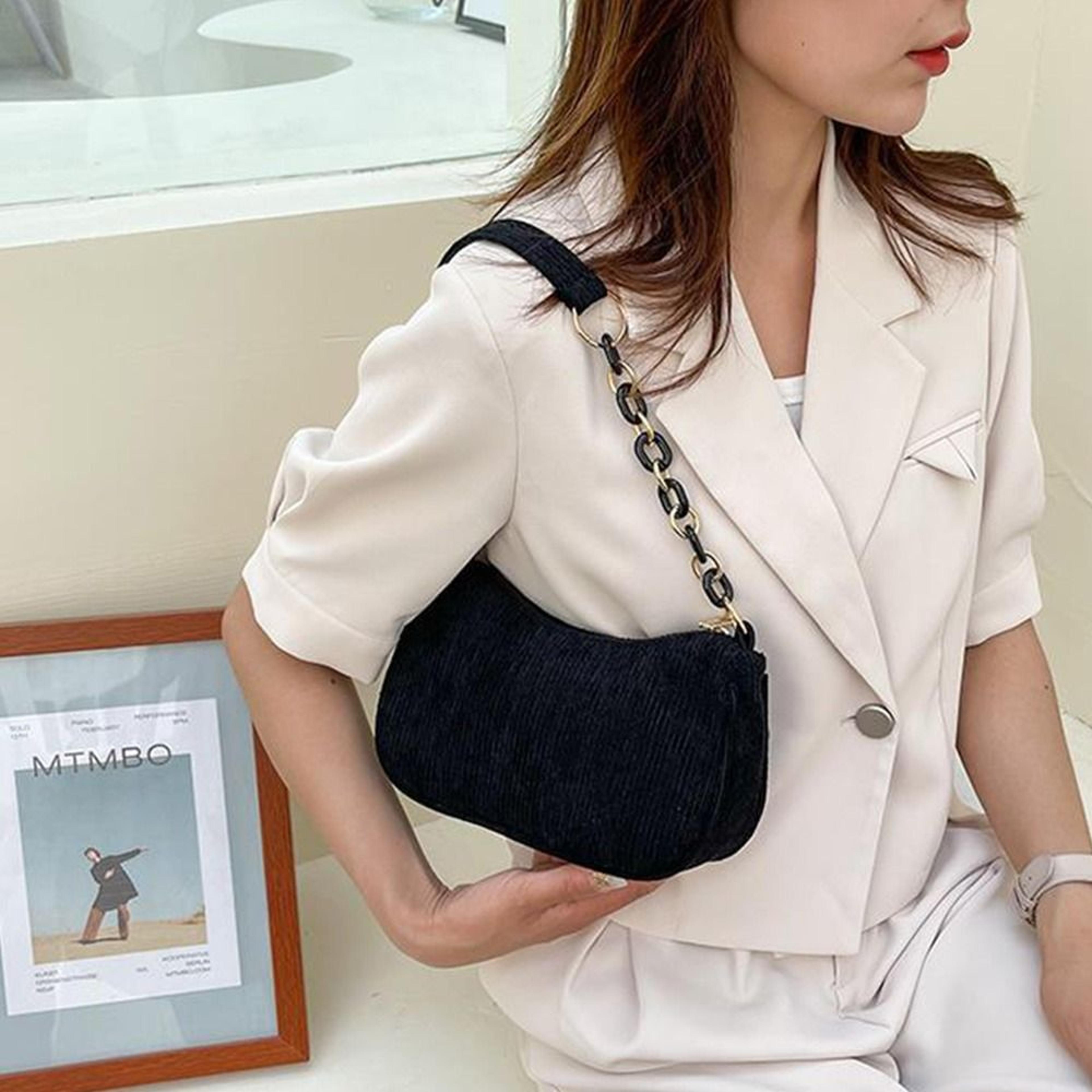 vintage corduroy shoulder bag for women soft underarm baguette purse with zipper