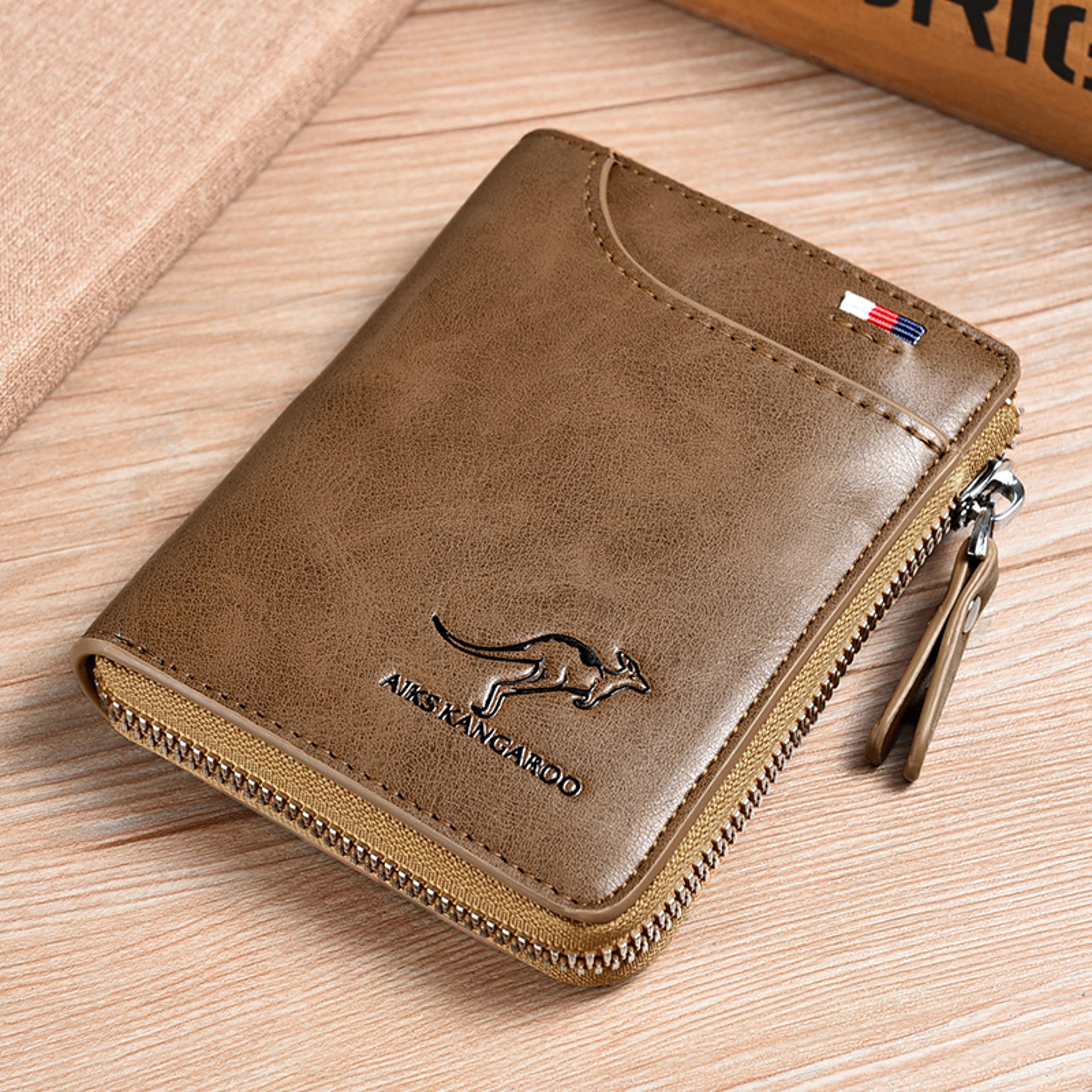 executive mens leather wallet with rfid protection, zipper closure and business card holder