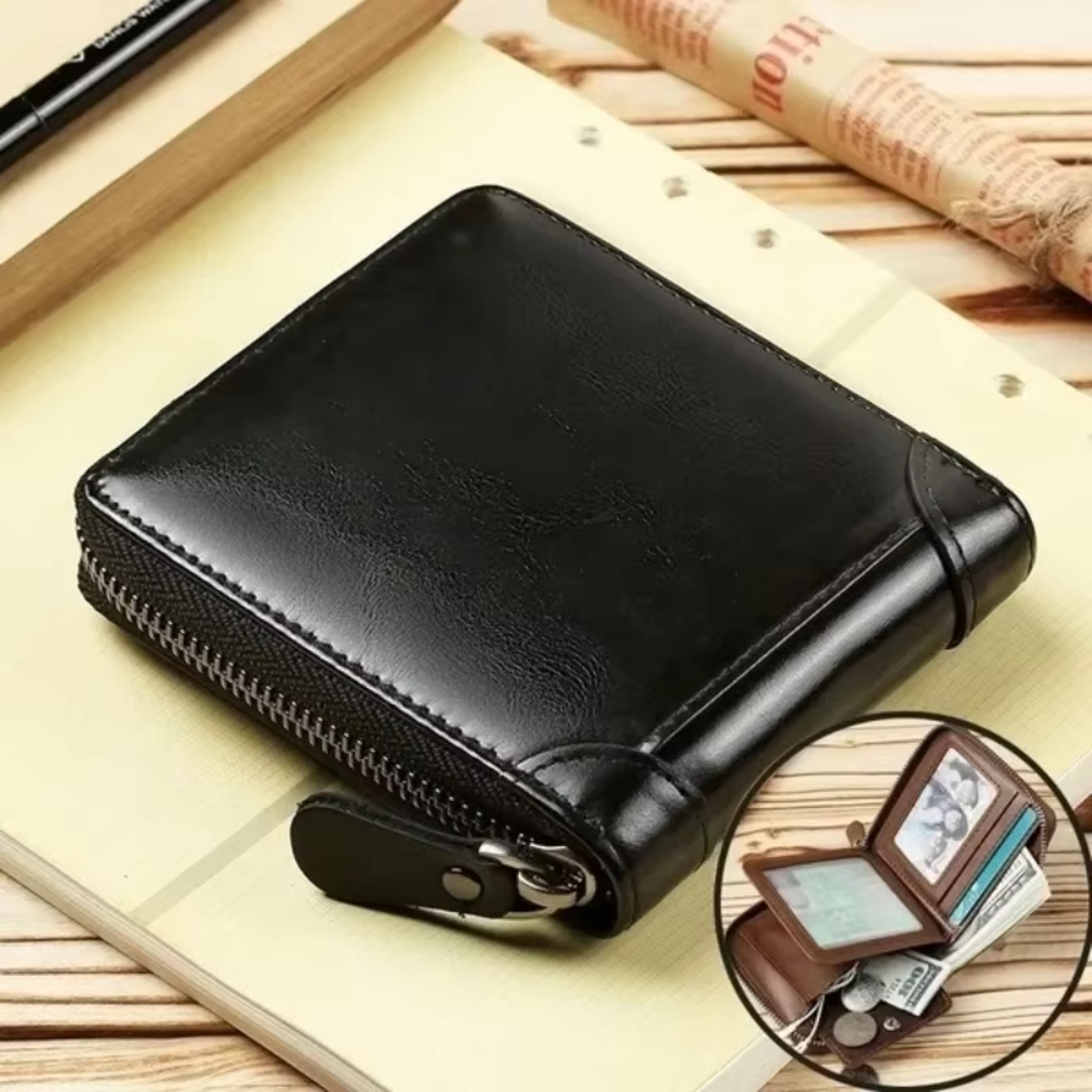 compact wallet leather bifold with zip around closure and coin pocket