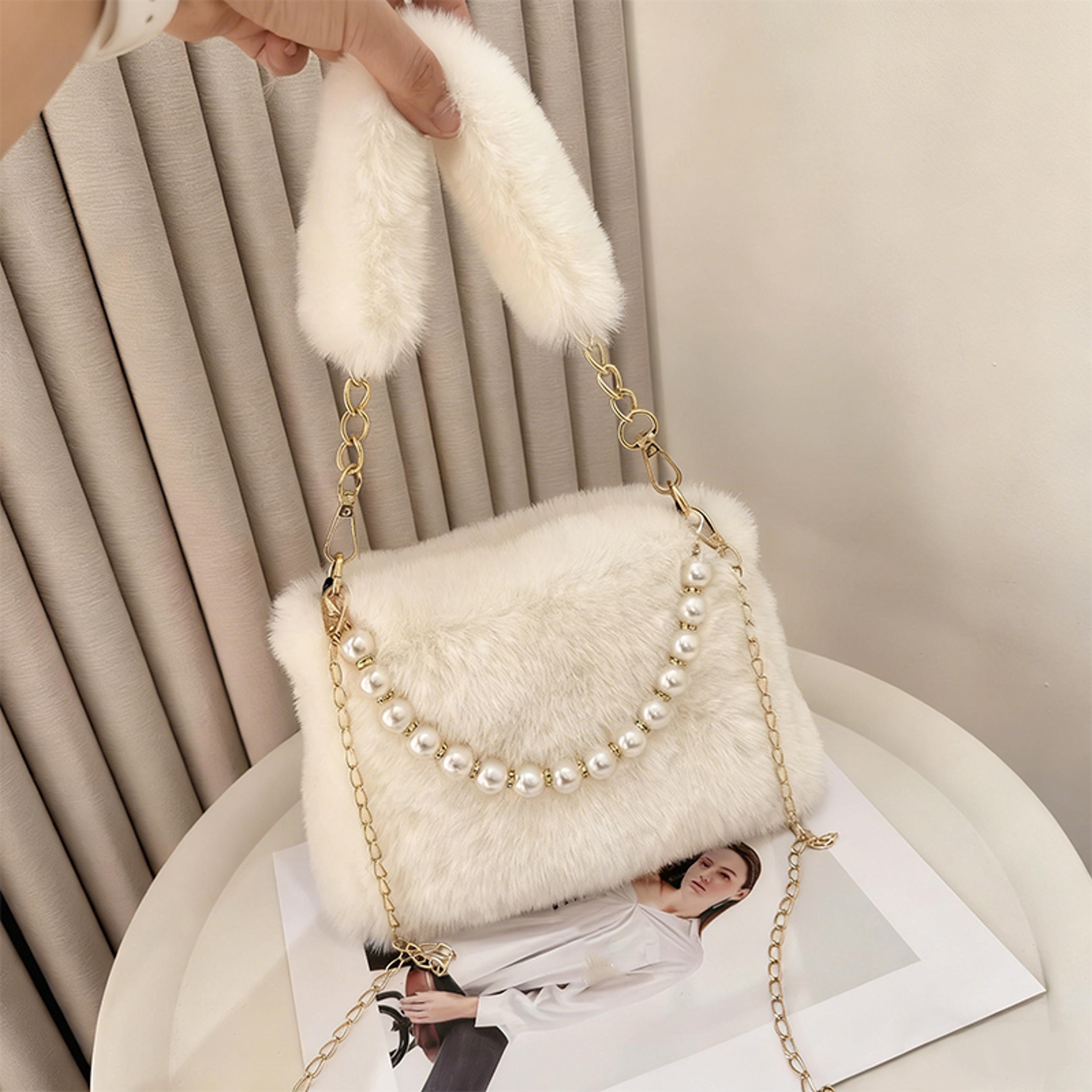 pearl plush crossbody bag for women with chain strap chic winter shoulder purse