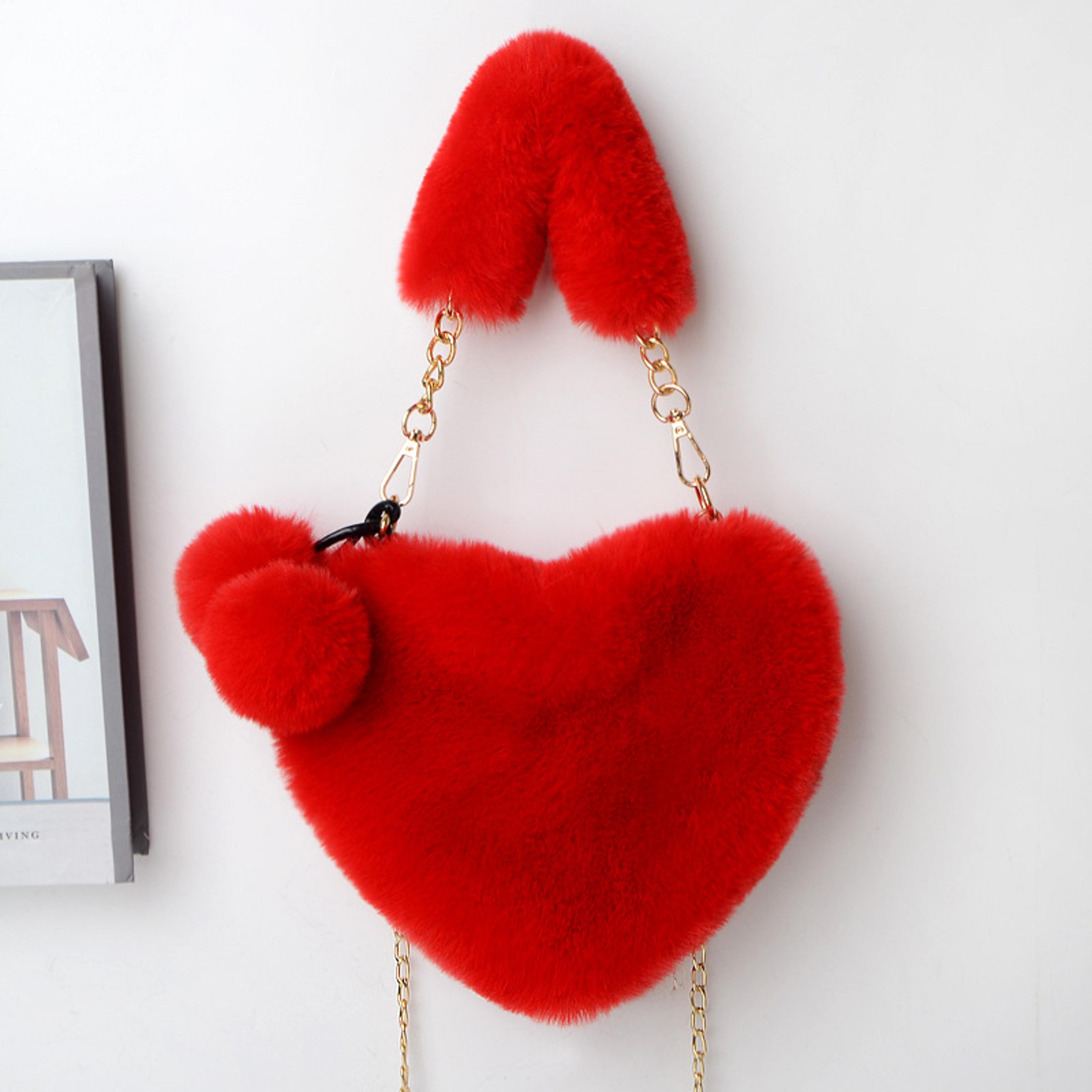plush heart shaped handbag for women soft faux fur purse