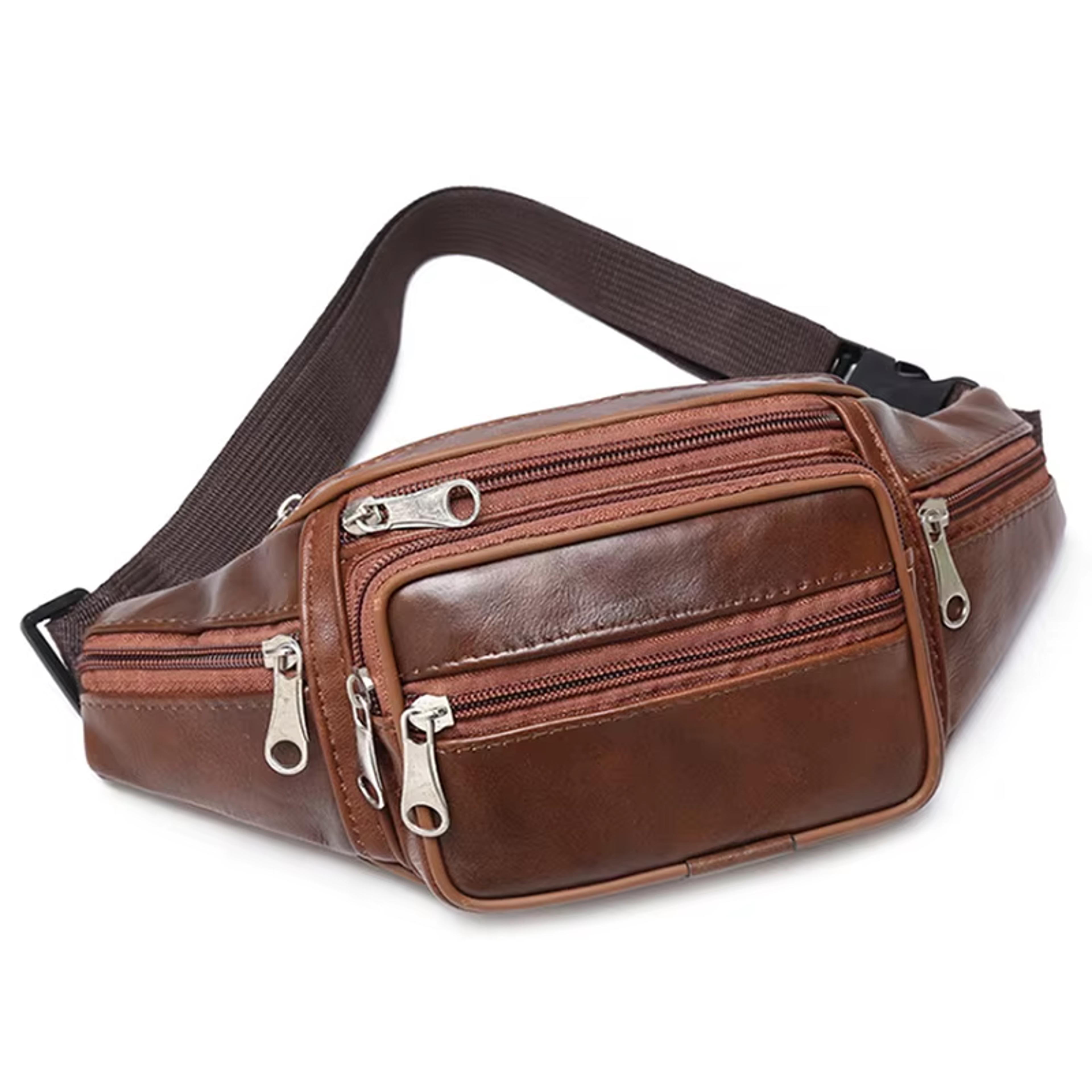 mens top grain leather fanny pack multi pocket cross body travel waist bag