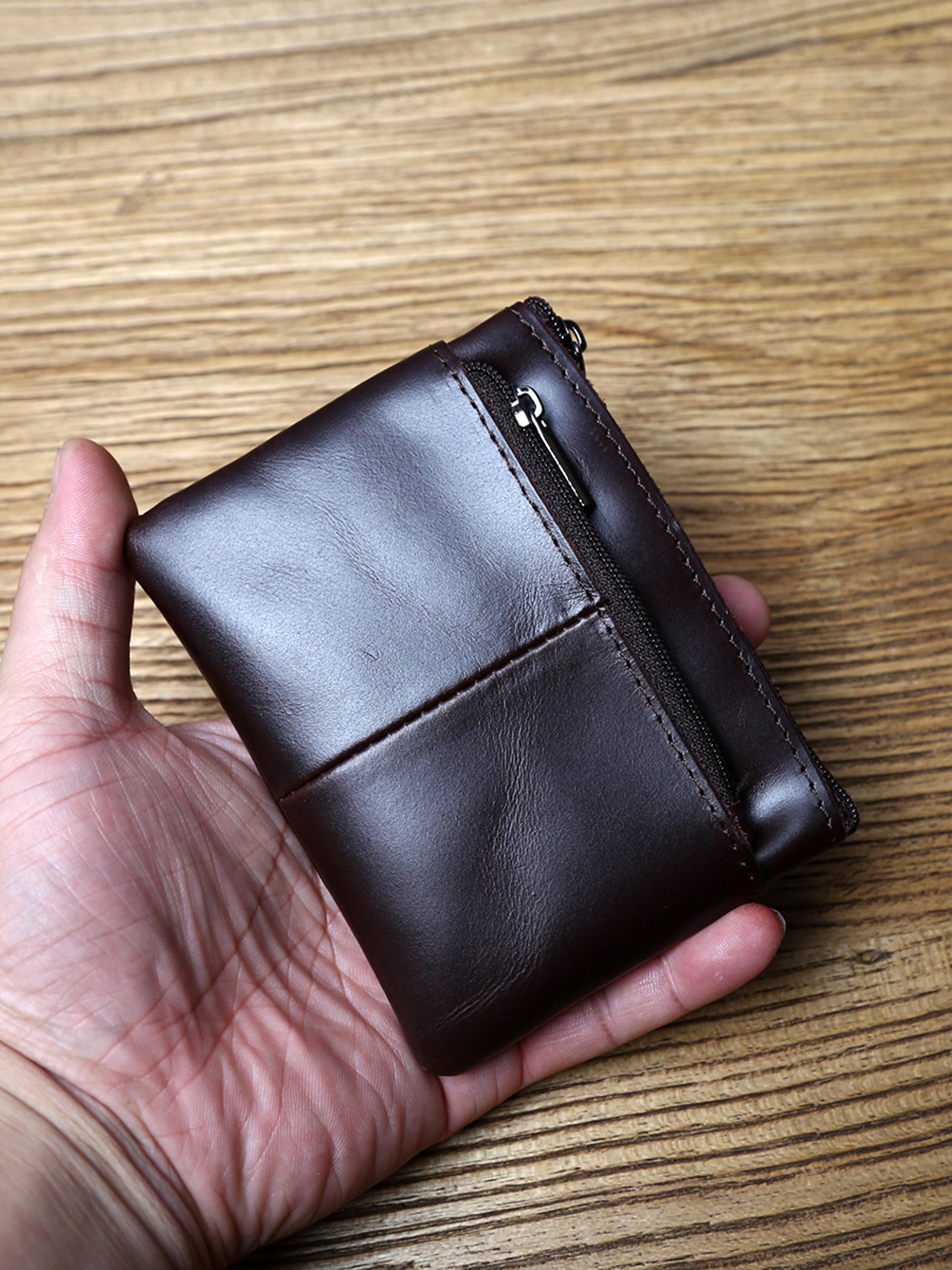 mens leather coin wallet genuine cowhide wallet with zipper, compact pocket design