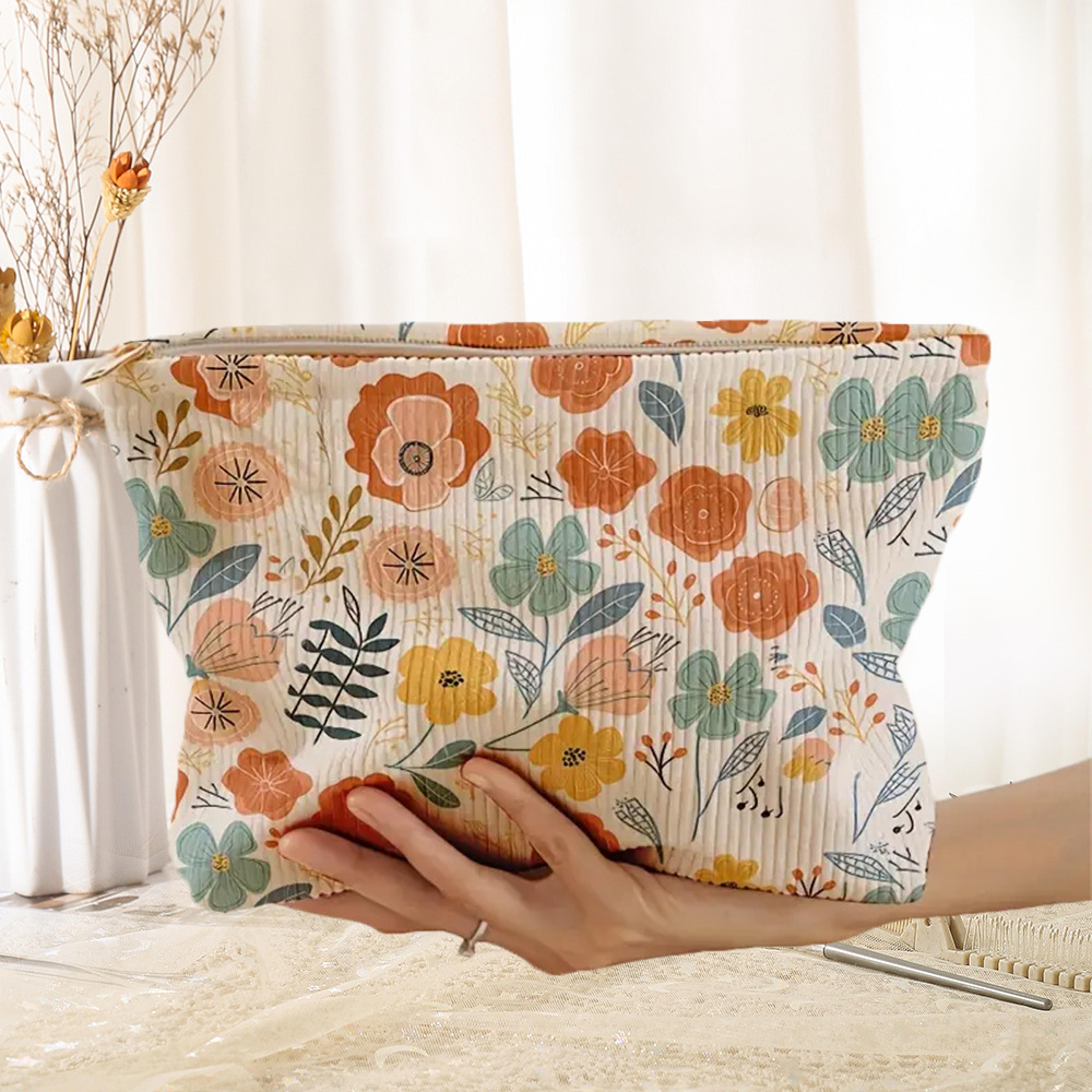 floral corduroy makeup bag lightweight travel cosmetic organizer with zipper