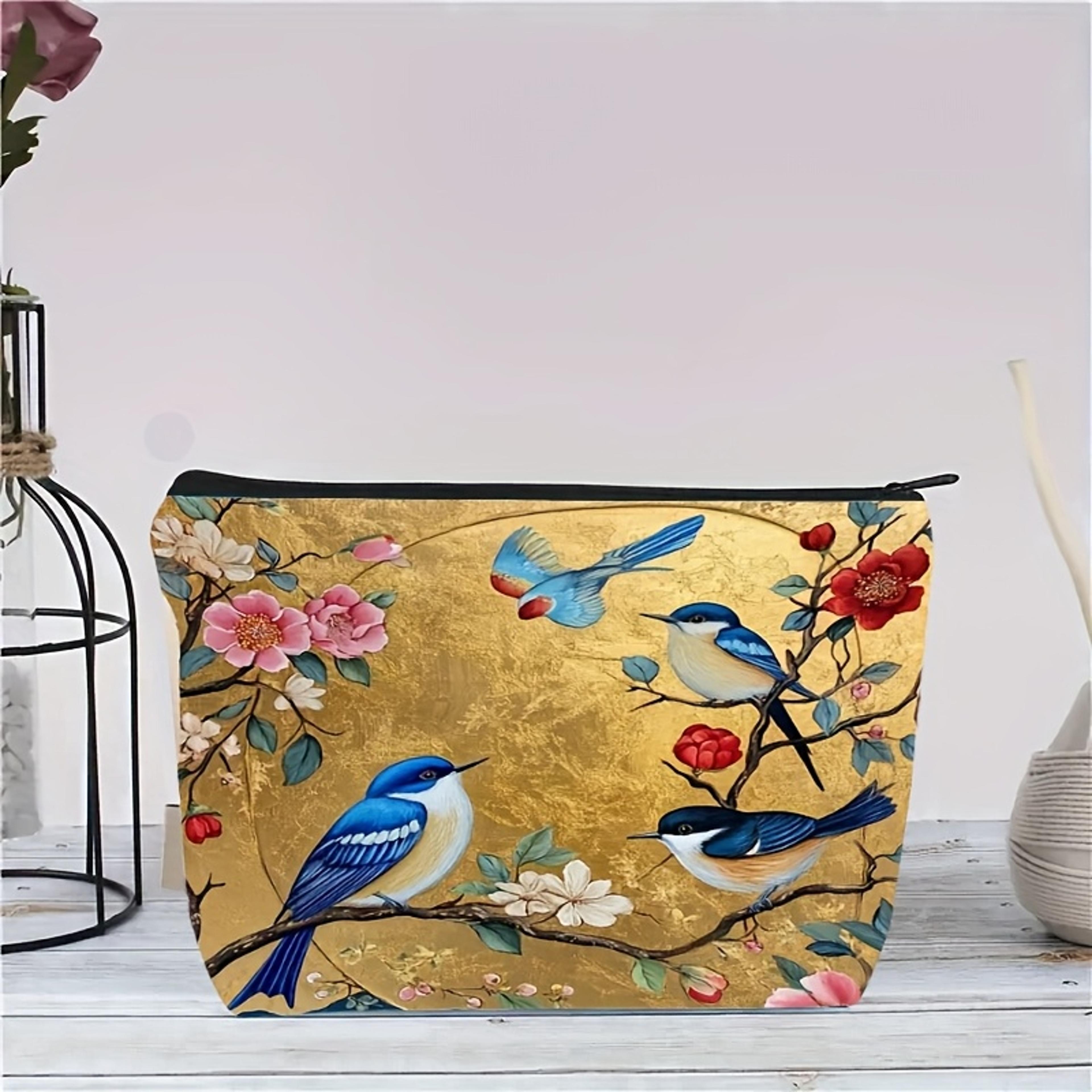 golden floral bird makeup bag lightweight foldable travel cosmetic pouch with zipper