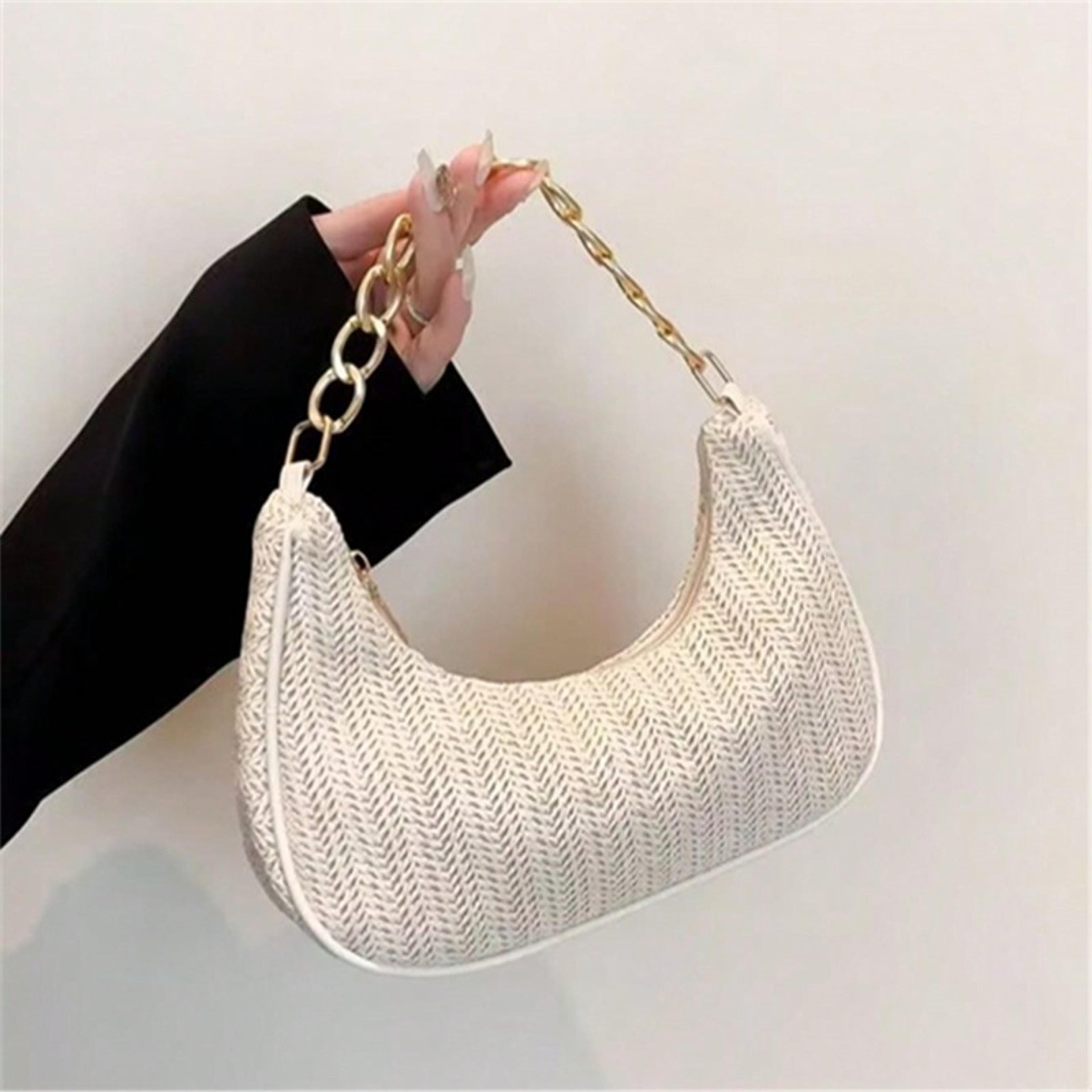 woven straw shoulder bag with gold chain, crescent purse for summer and beach