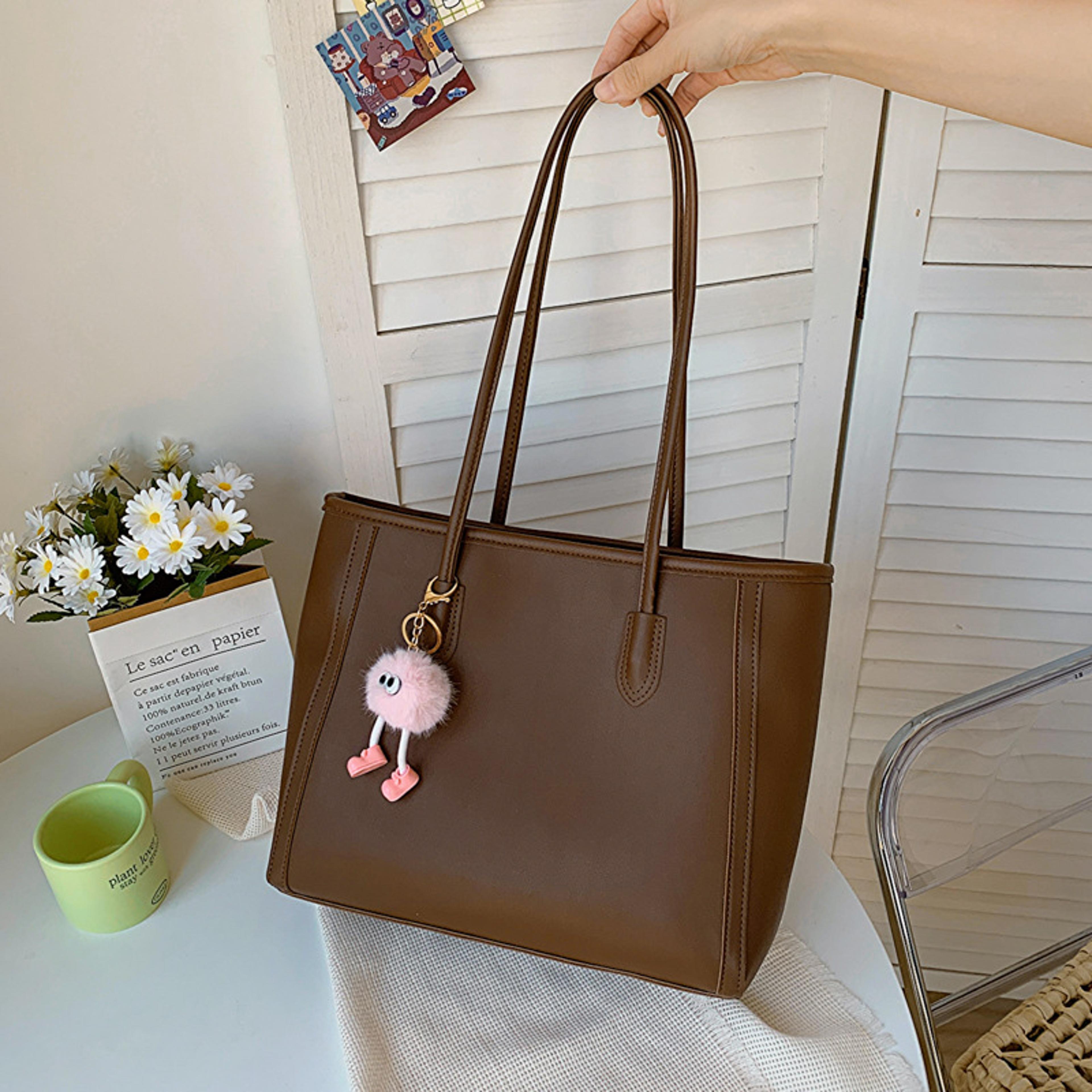 brown faux leather tote bag with plush charm, large capacity shoulder bag for women