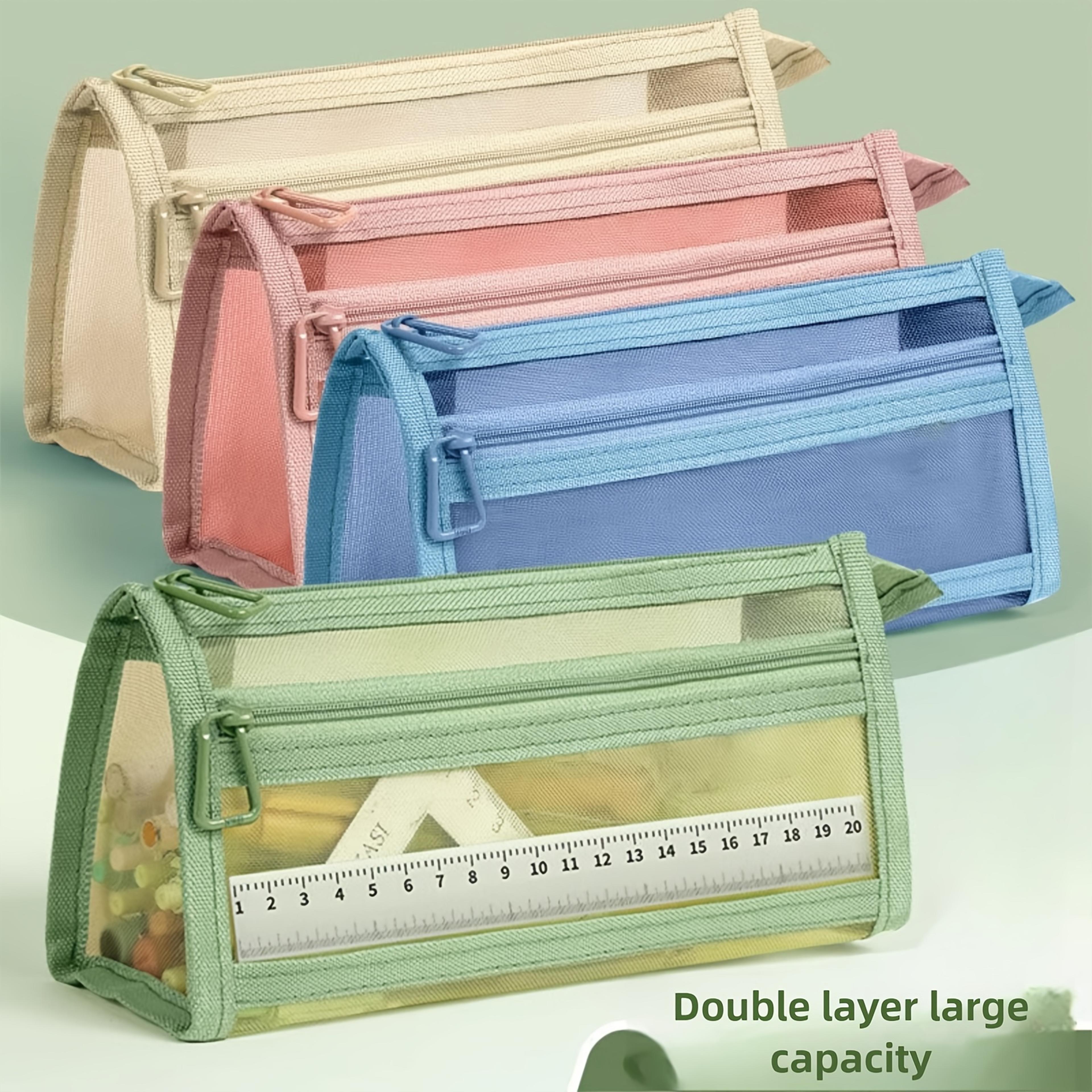 morandi grid mesh pencil case with handle, double layer pencil pouch and zipper