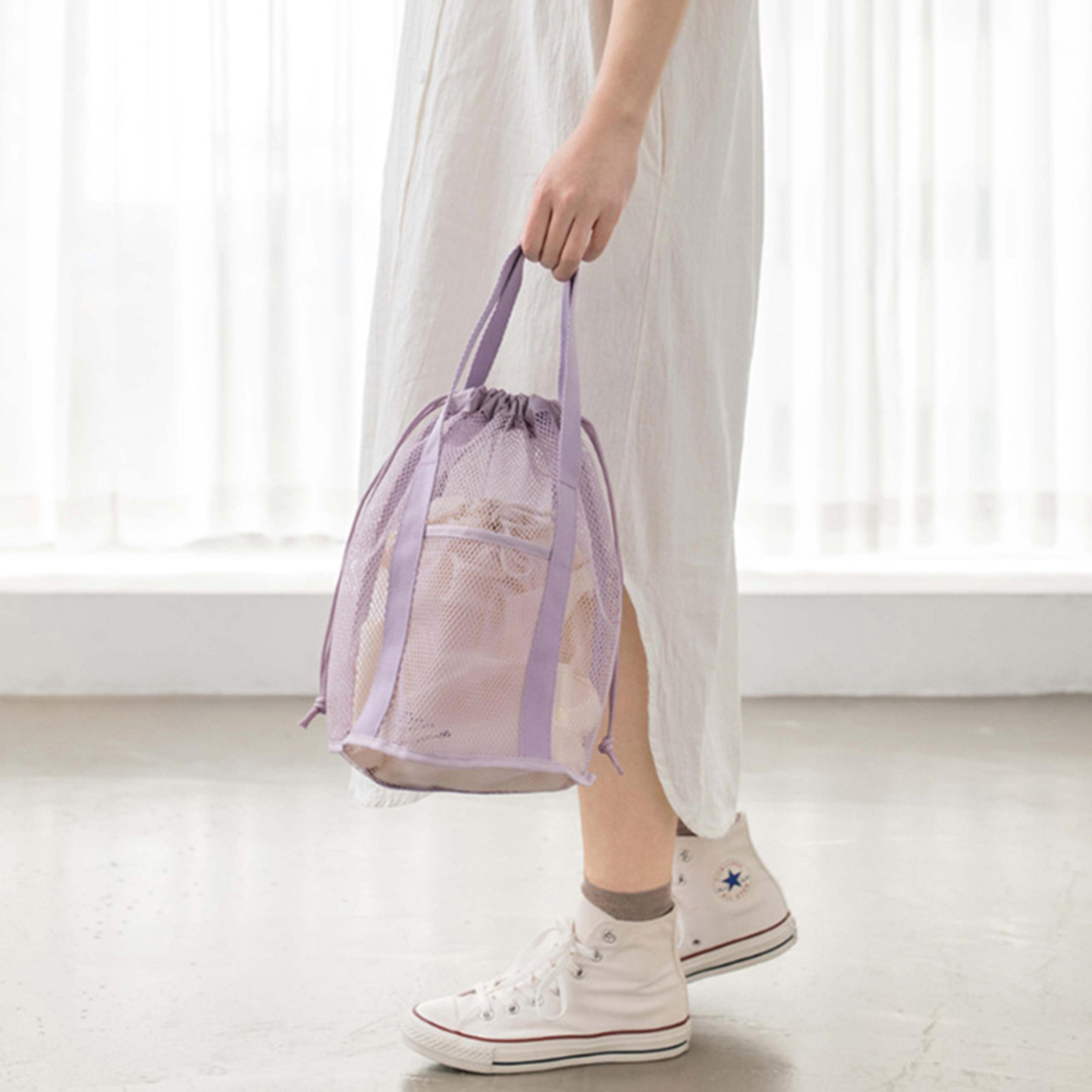 foldable mesh beach bag with drawstring and front pockets for toys, swimming and pool days