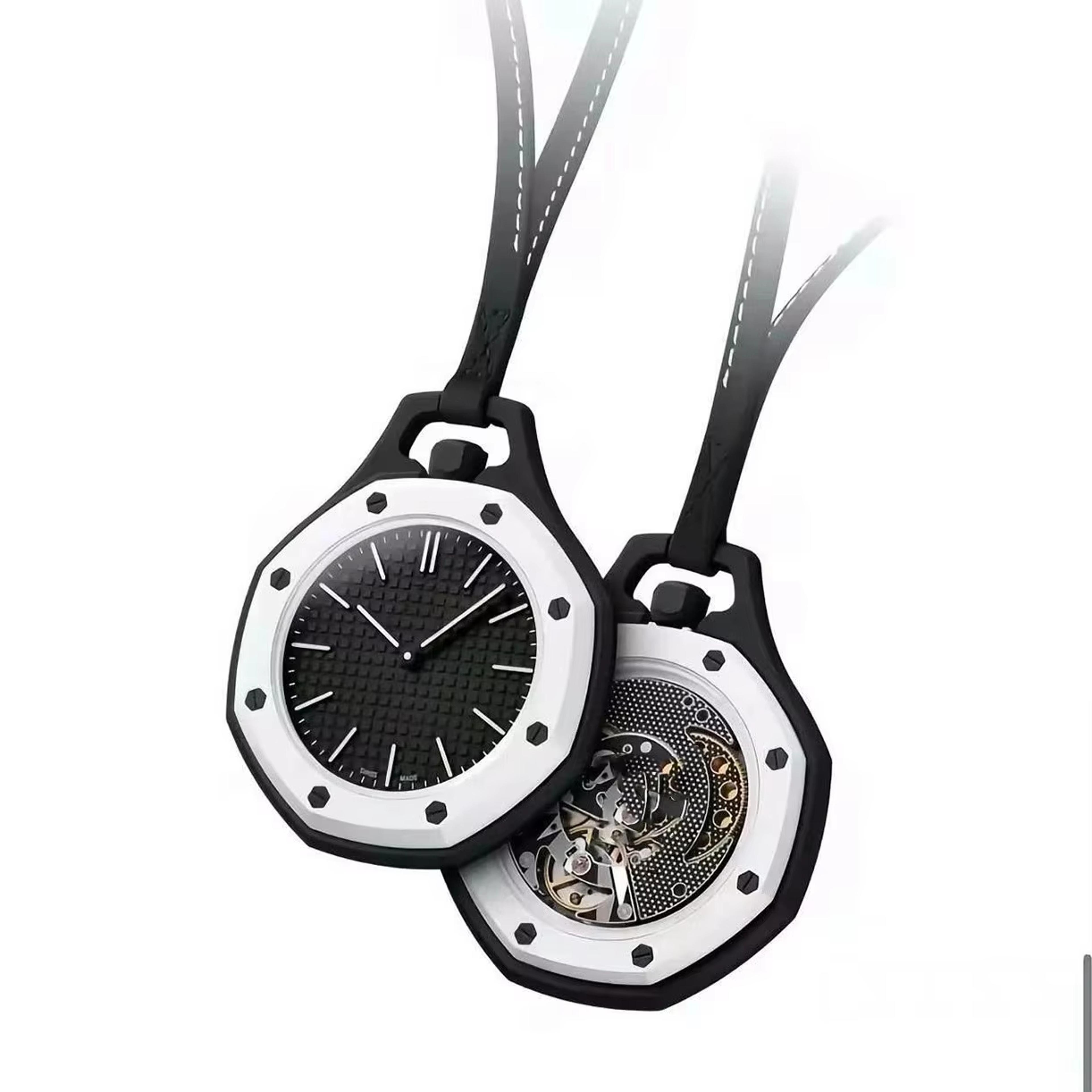 octagonal pocket watch necklace with quartz movement and leather lanyard