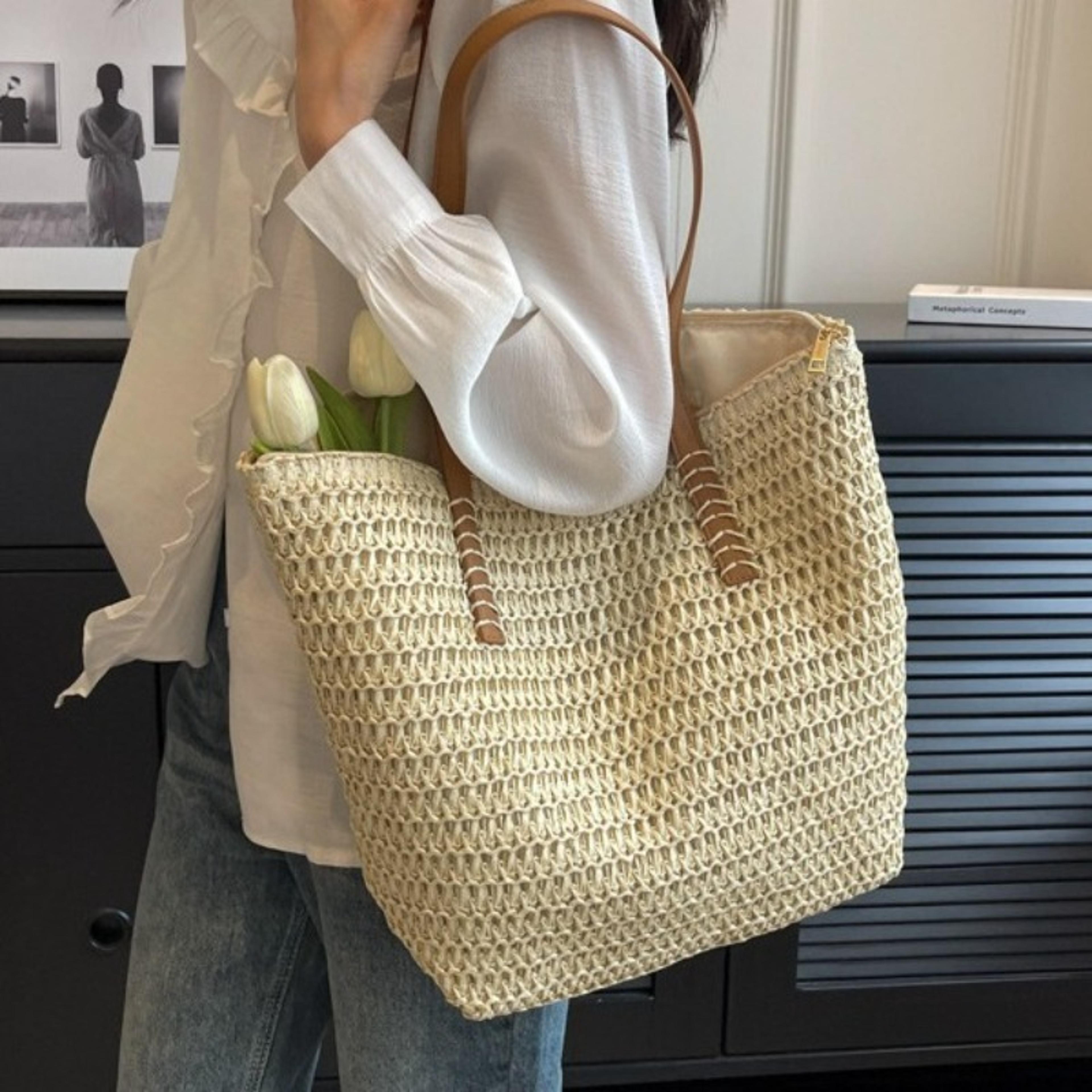 coastal carry large straw tote bag with leather handles | woven beach & travel bag