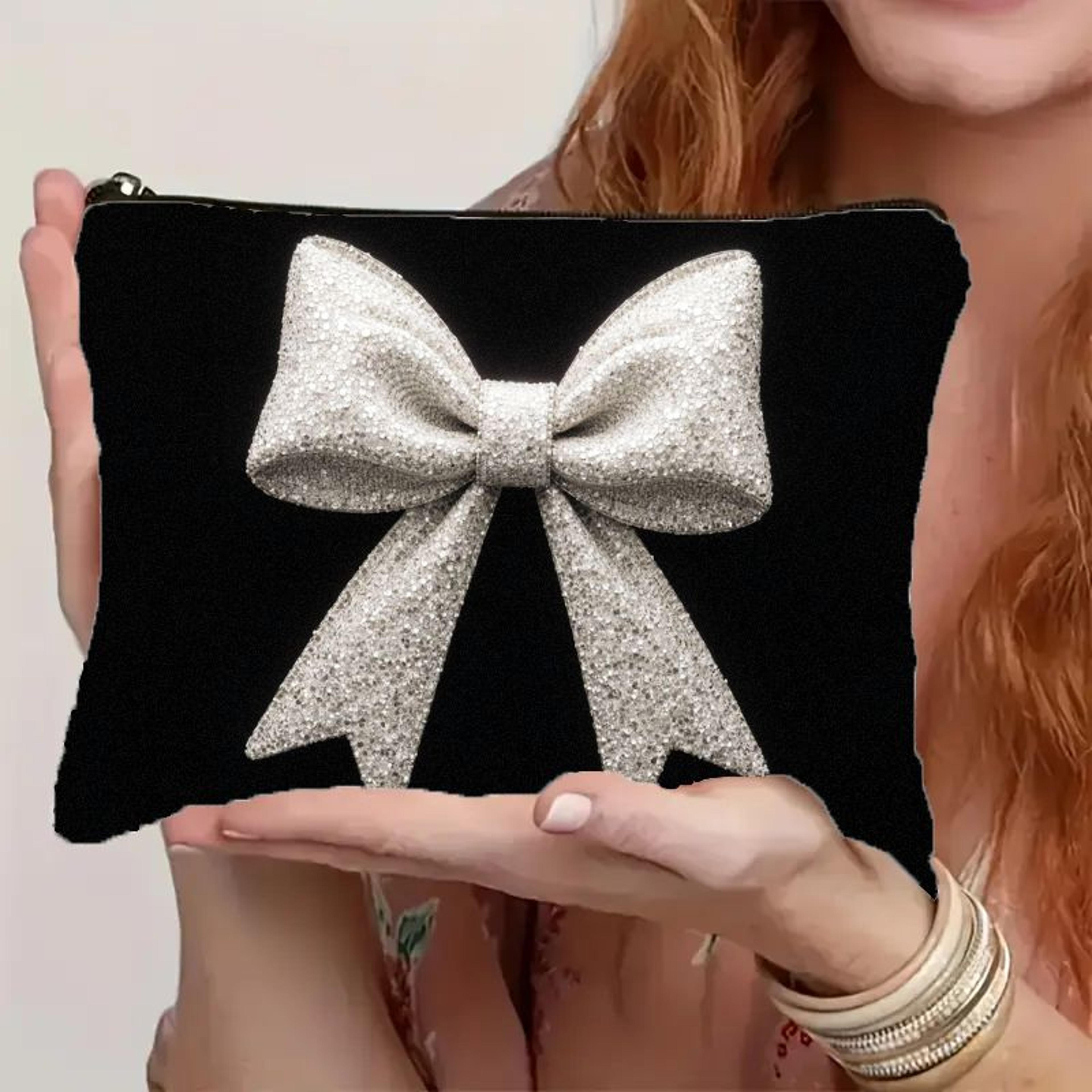 retro bow travel makeup bag black & white canvas zipper pouch for cosmetics & essentials