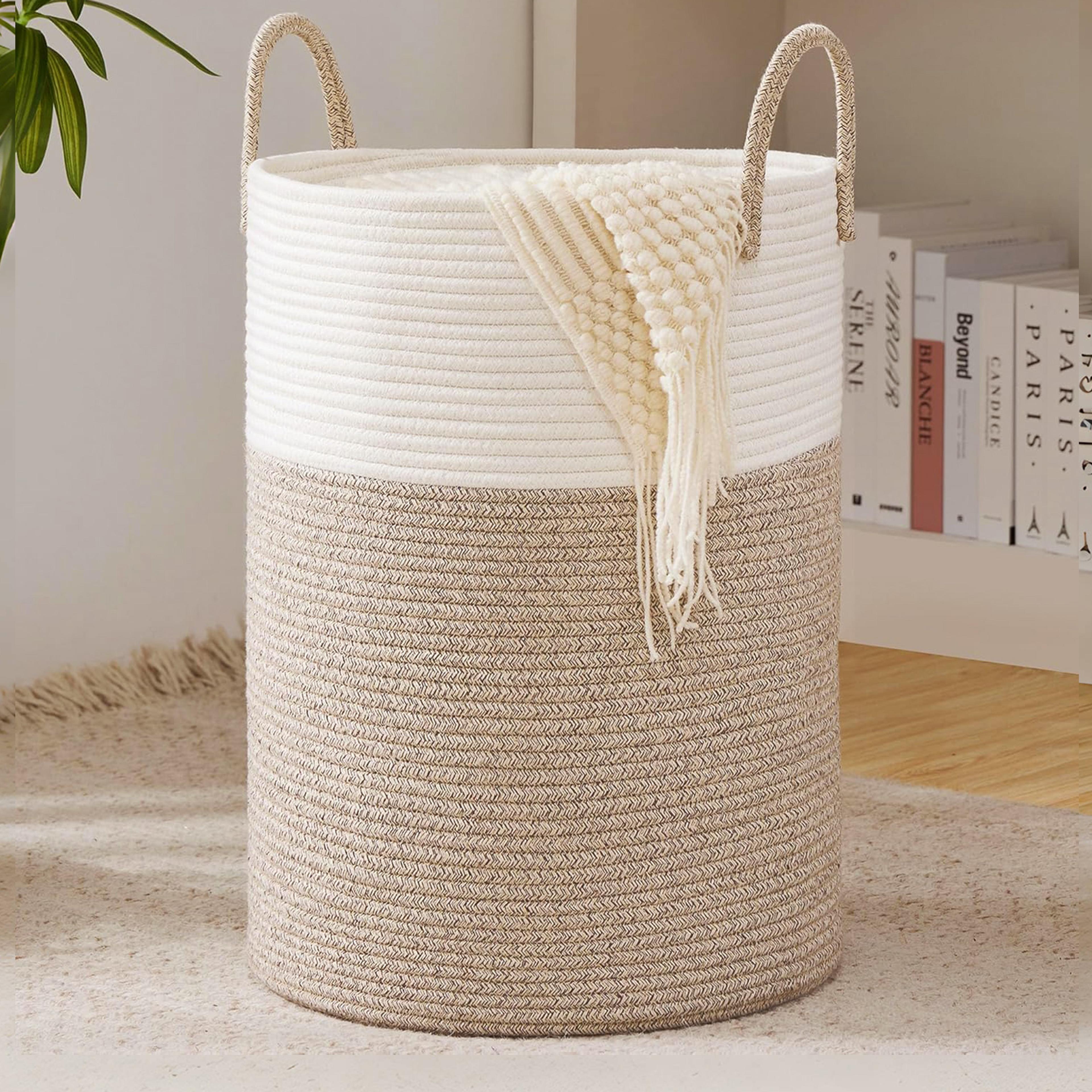 large woven storage basket with handles for blankets, laundry and home organization