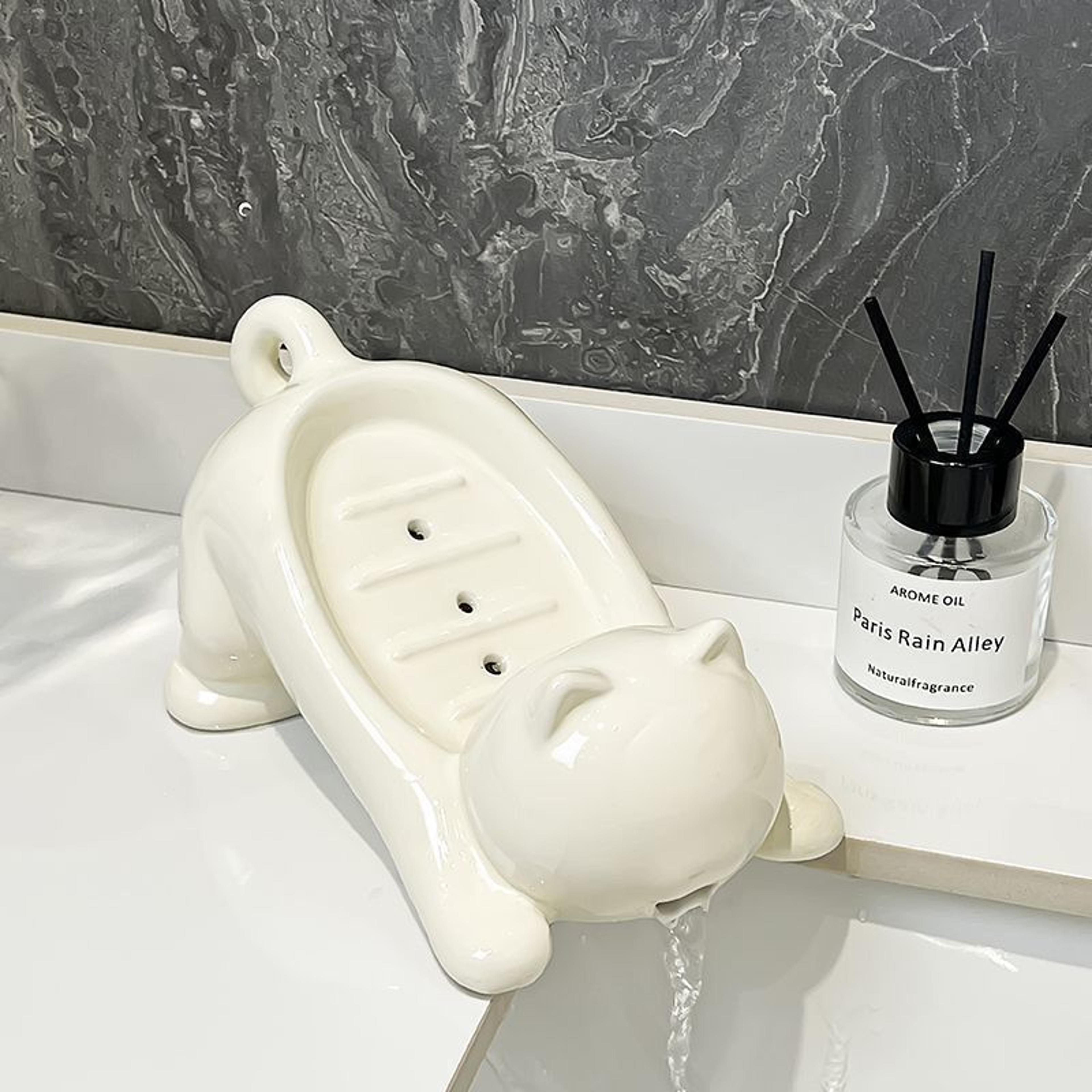 cute cat self draining soap holder and bathroom soap dish for sink or countertop