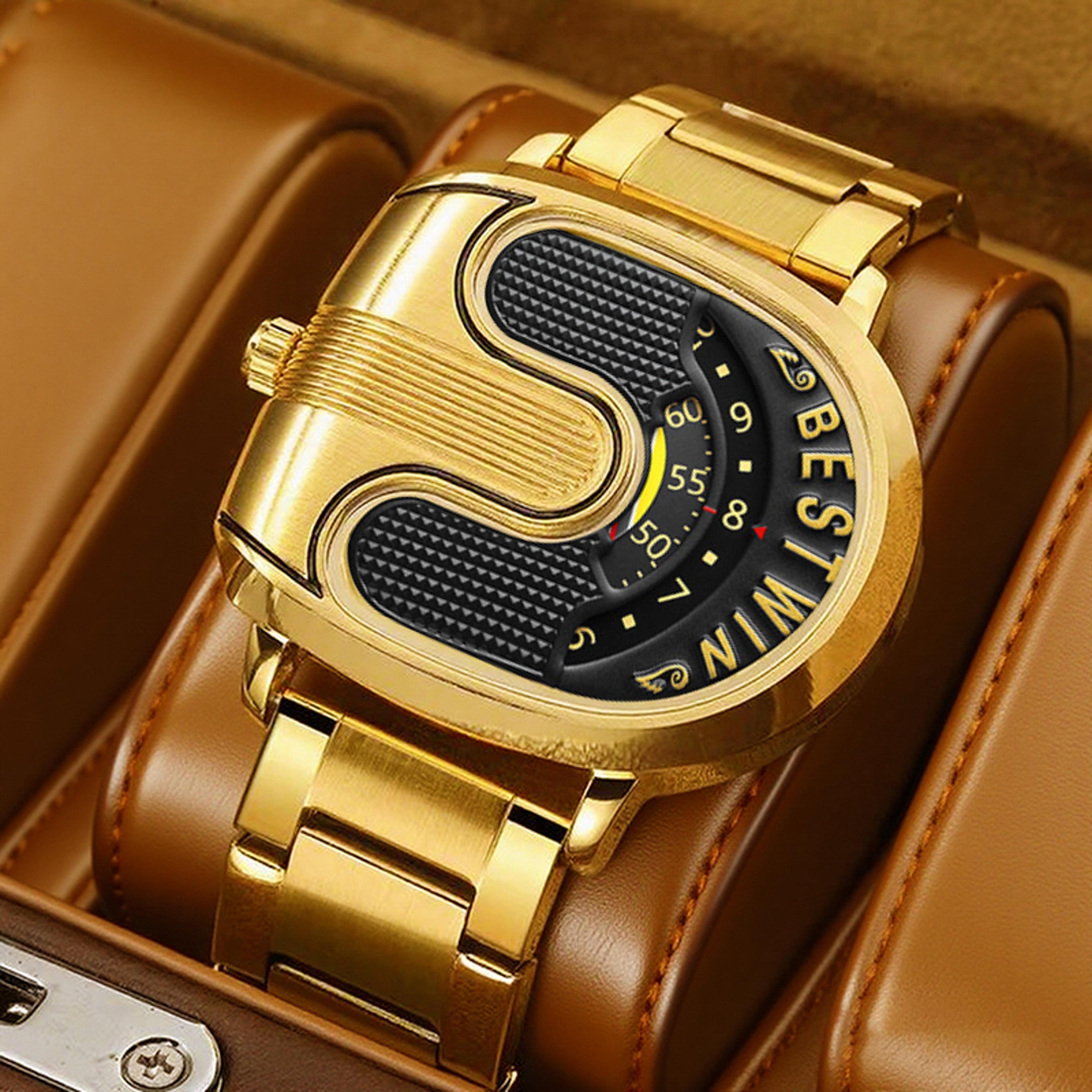 luxury gold mens watch with stainless steel band and distinctive statement design