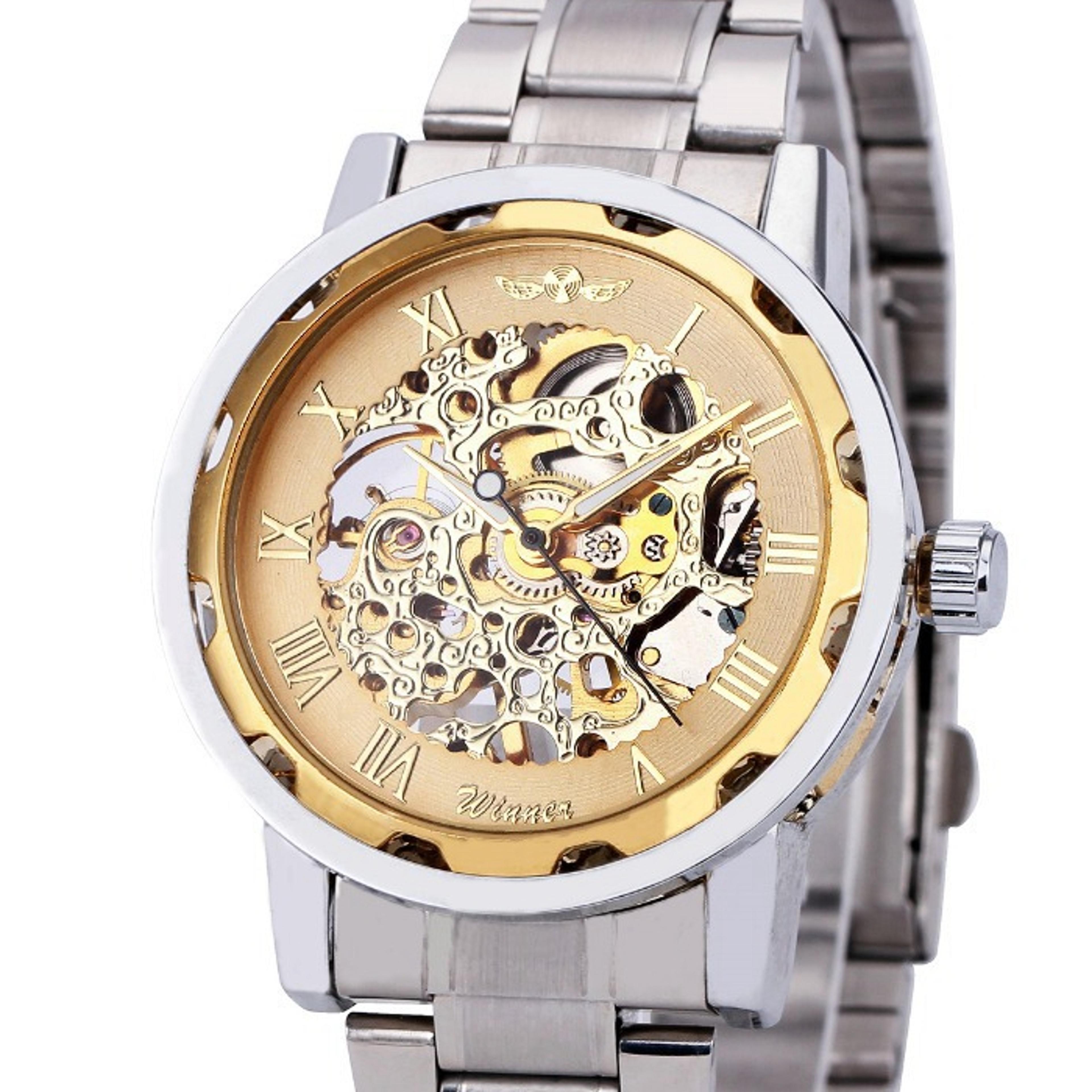 winner gold skeleton mechanical watch for men with black leather strap