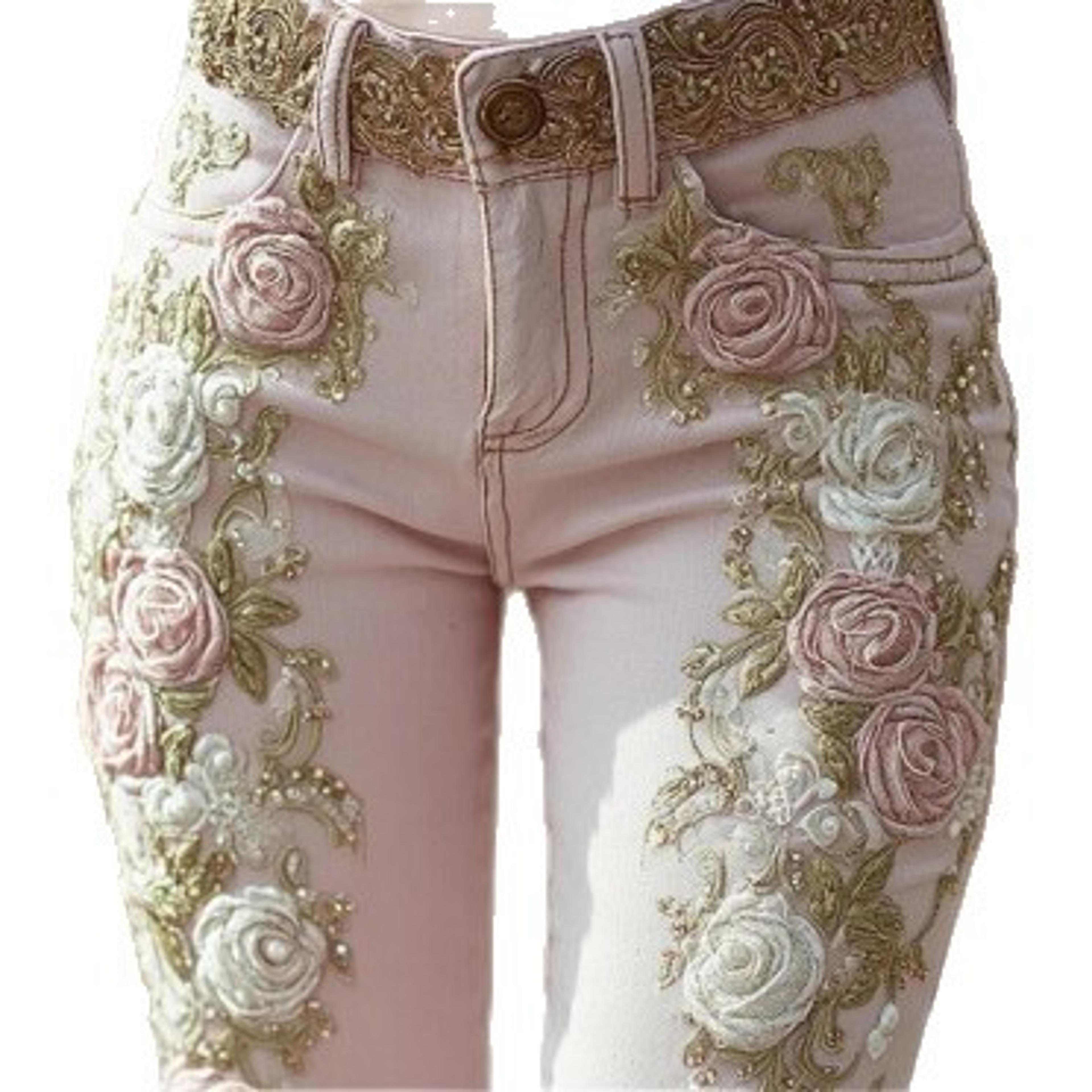rose embroidered high waist jeans with beaded straight leg detail