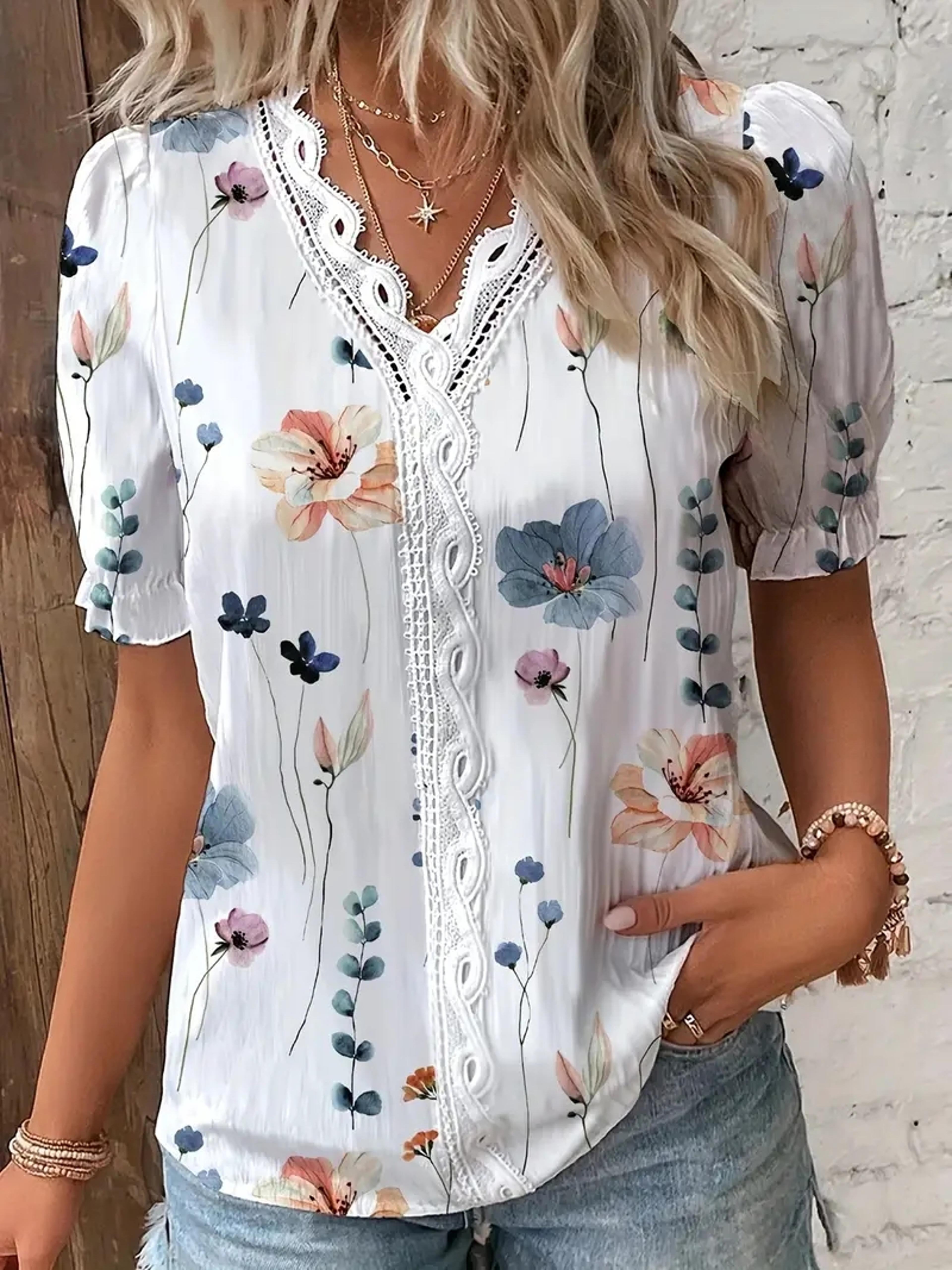 elegant womens v neck summer blouse with hollow out jacquard detail
