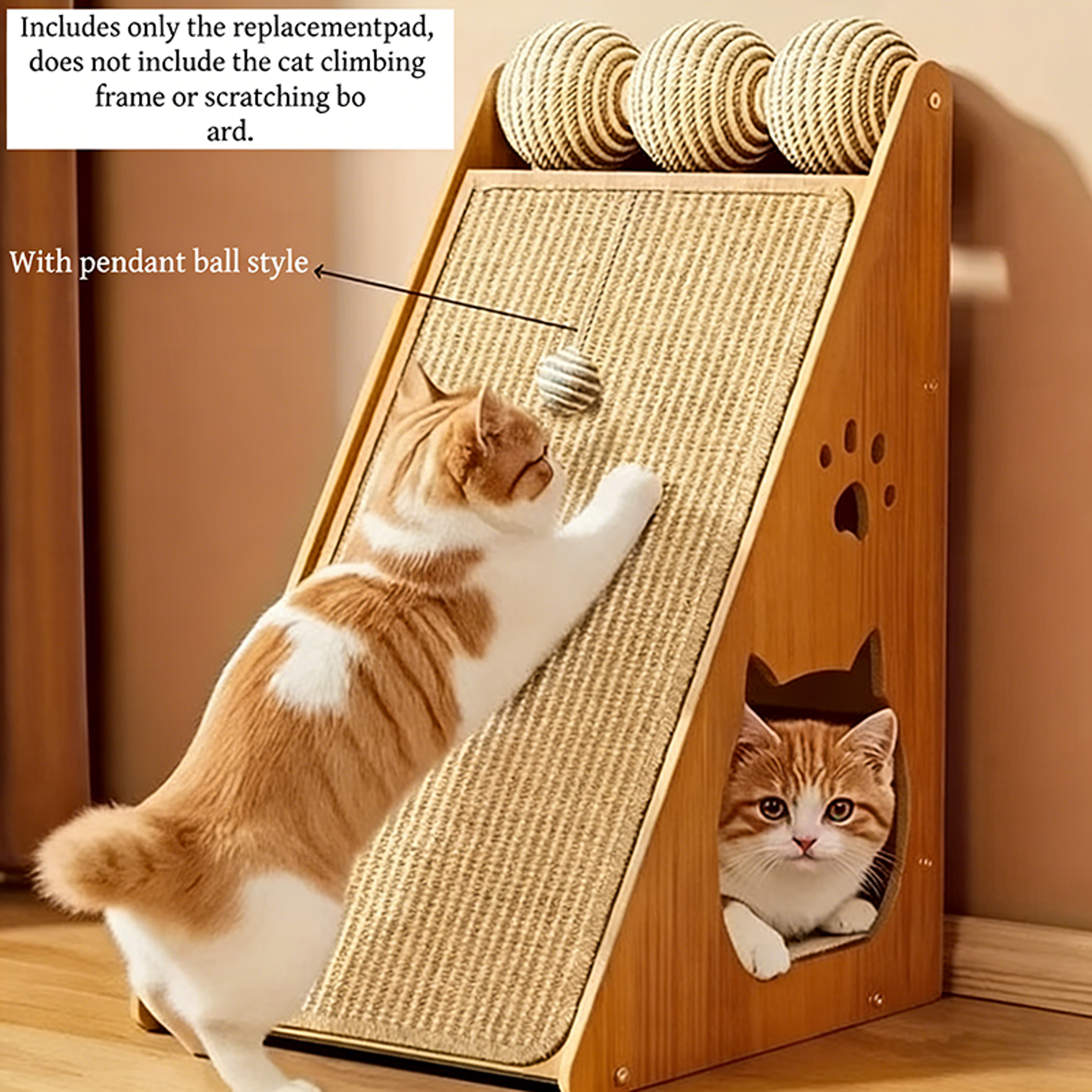 space saving sisal cat scratcher with hanging ball and furniture protection