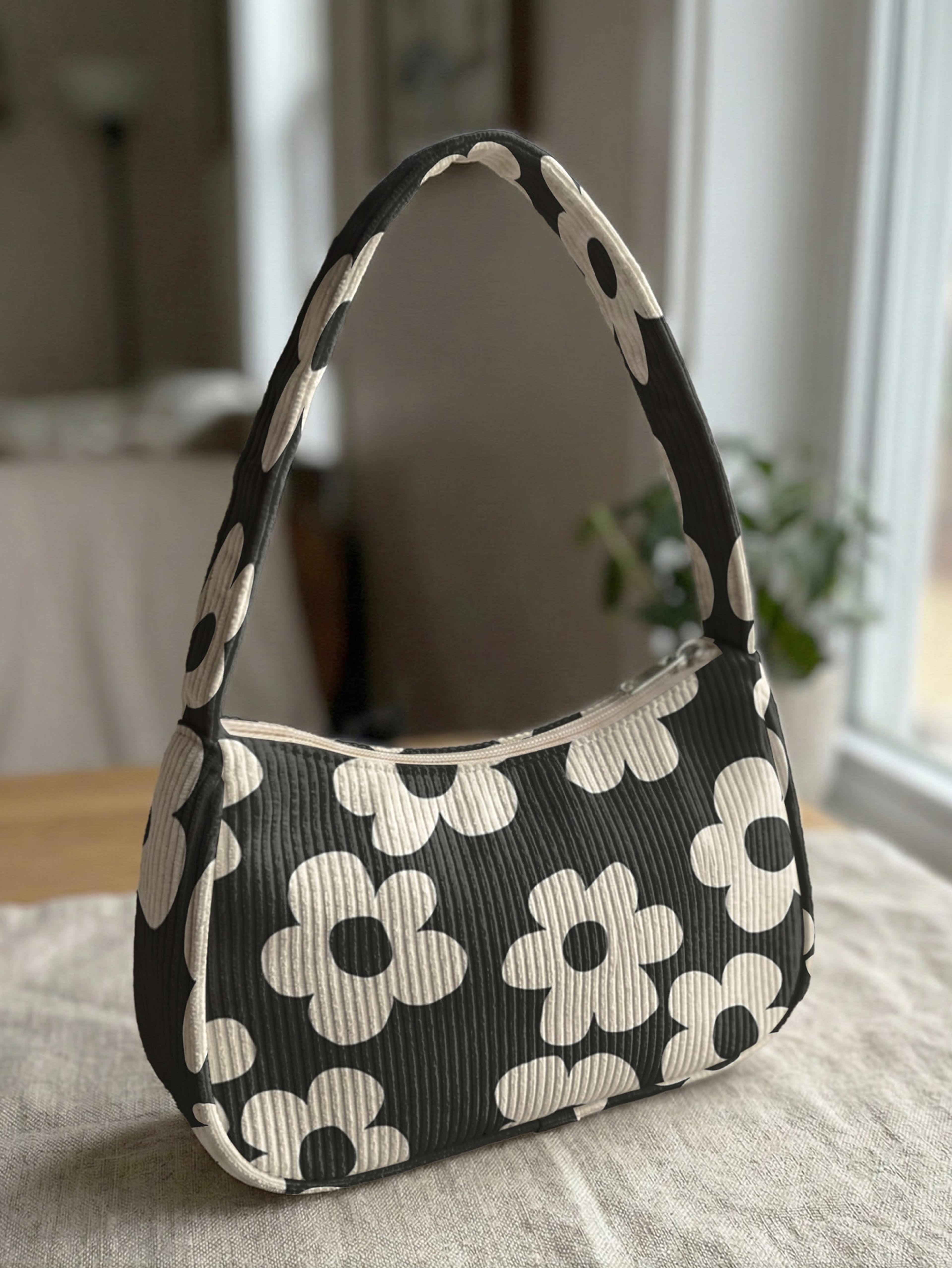 floral corduroy shoulder bag for women black casual underarm purse