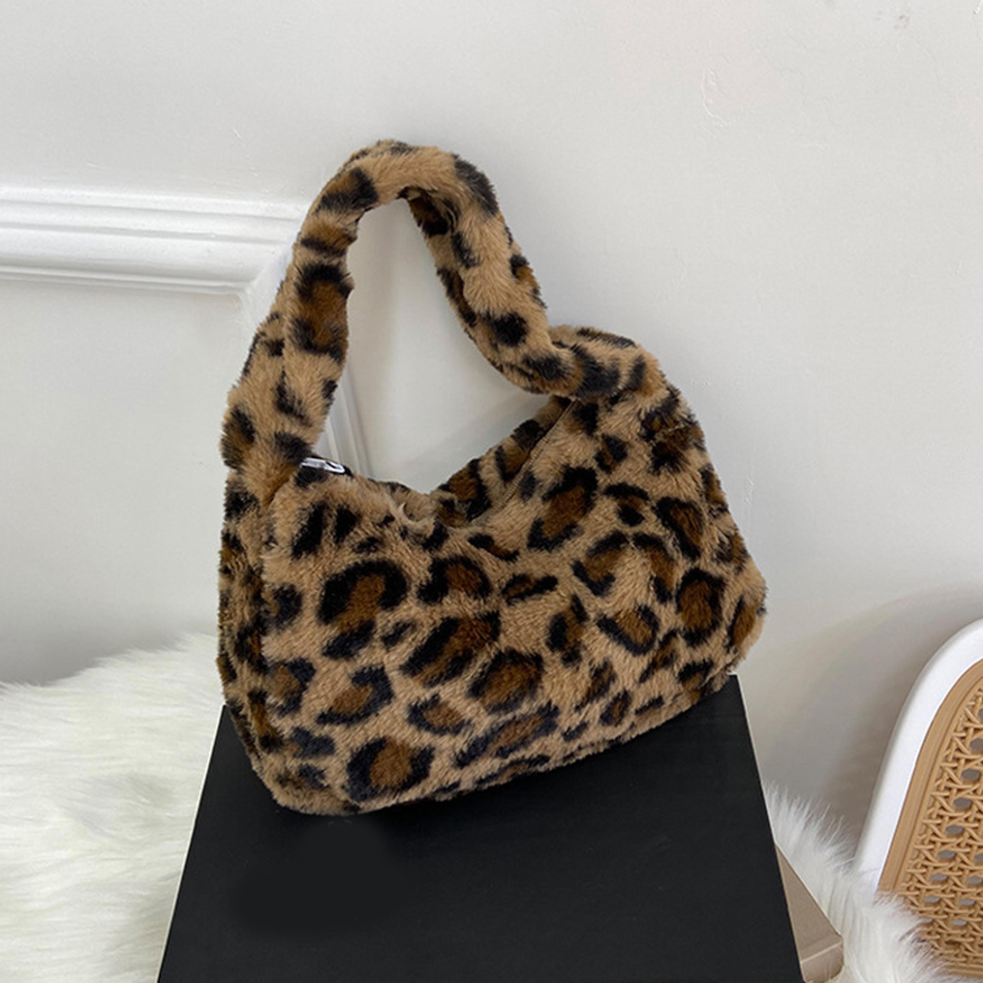 soft leopard print plush underarm shoulder bag for women