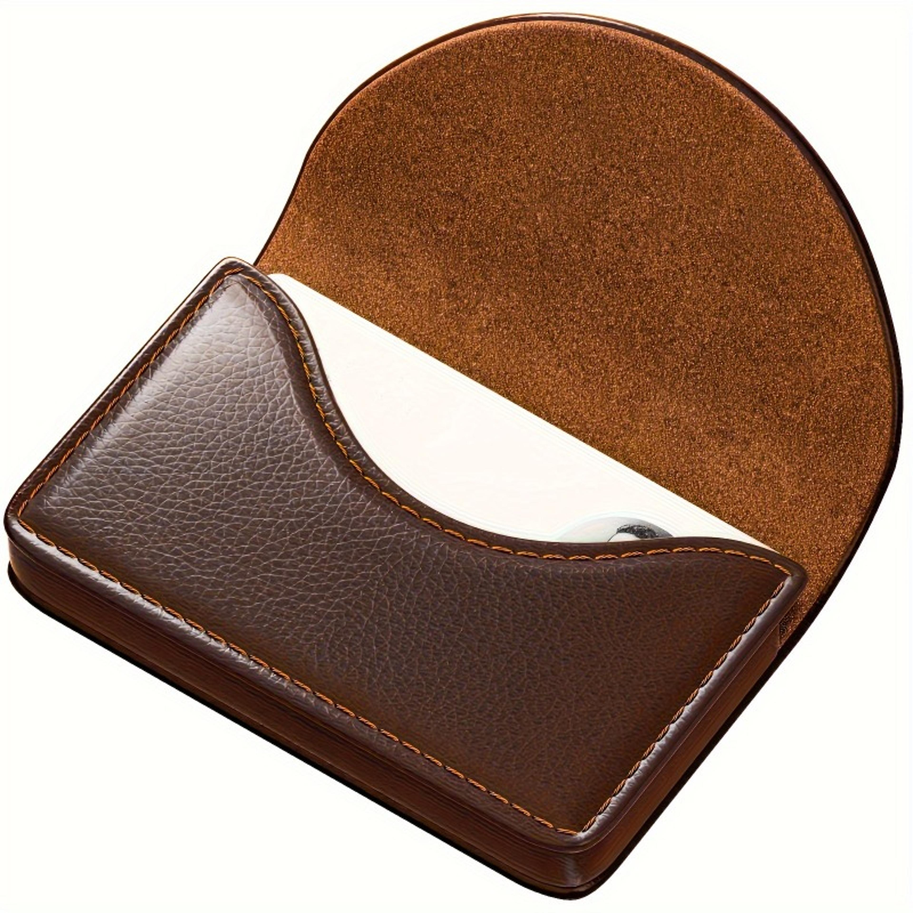 luxury leather business card holder with magnetic closure and large capacity desk organizer
