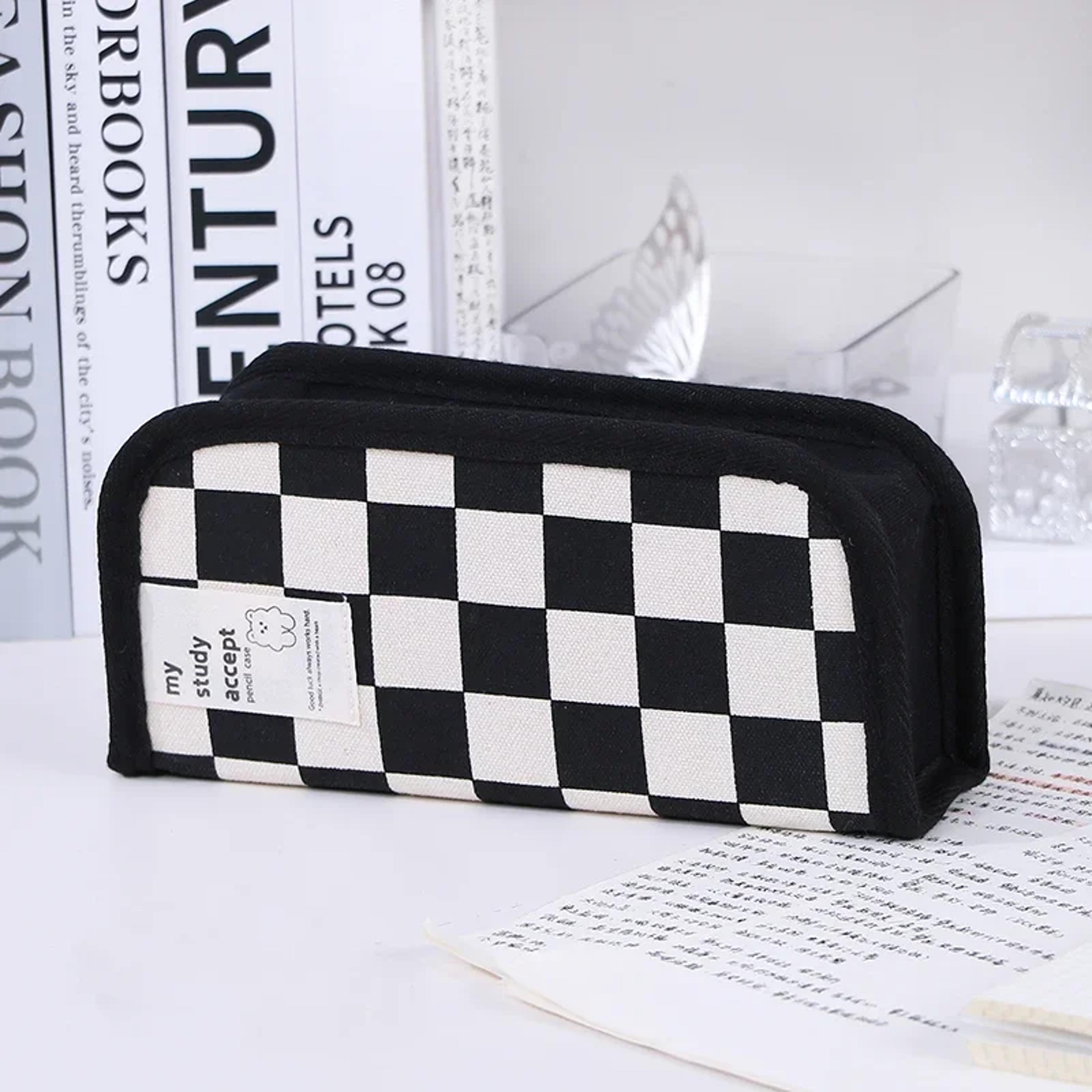 kawaii checkerboard large capacity pencil case canvas stationery pouch