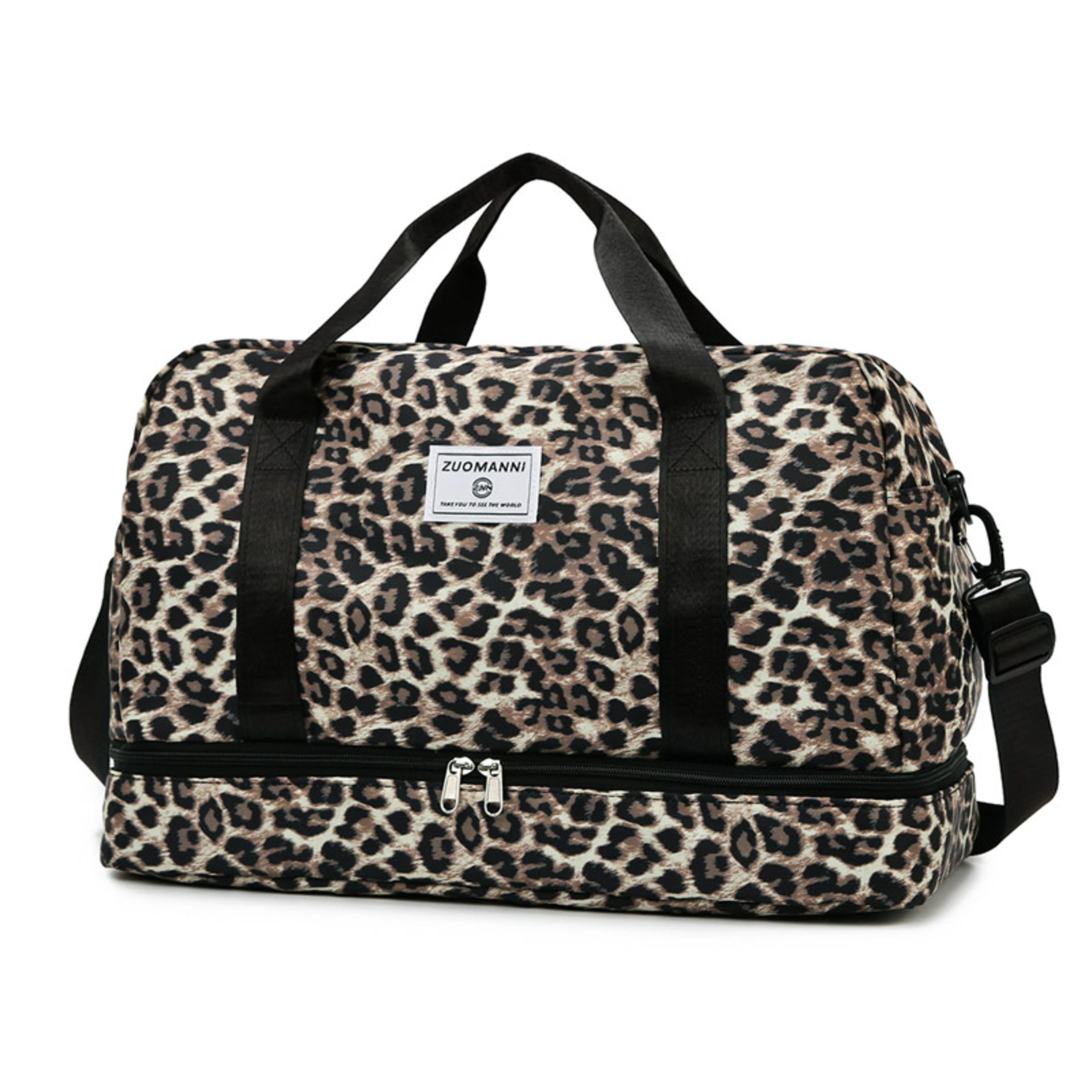leopard print weekender duffel bag with shoe compartment