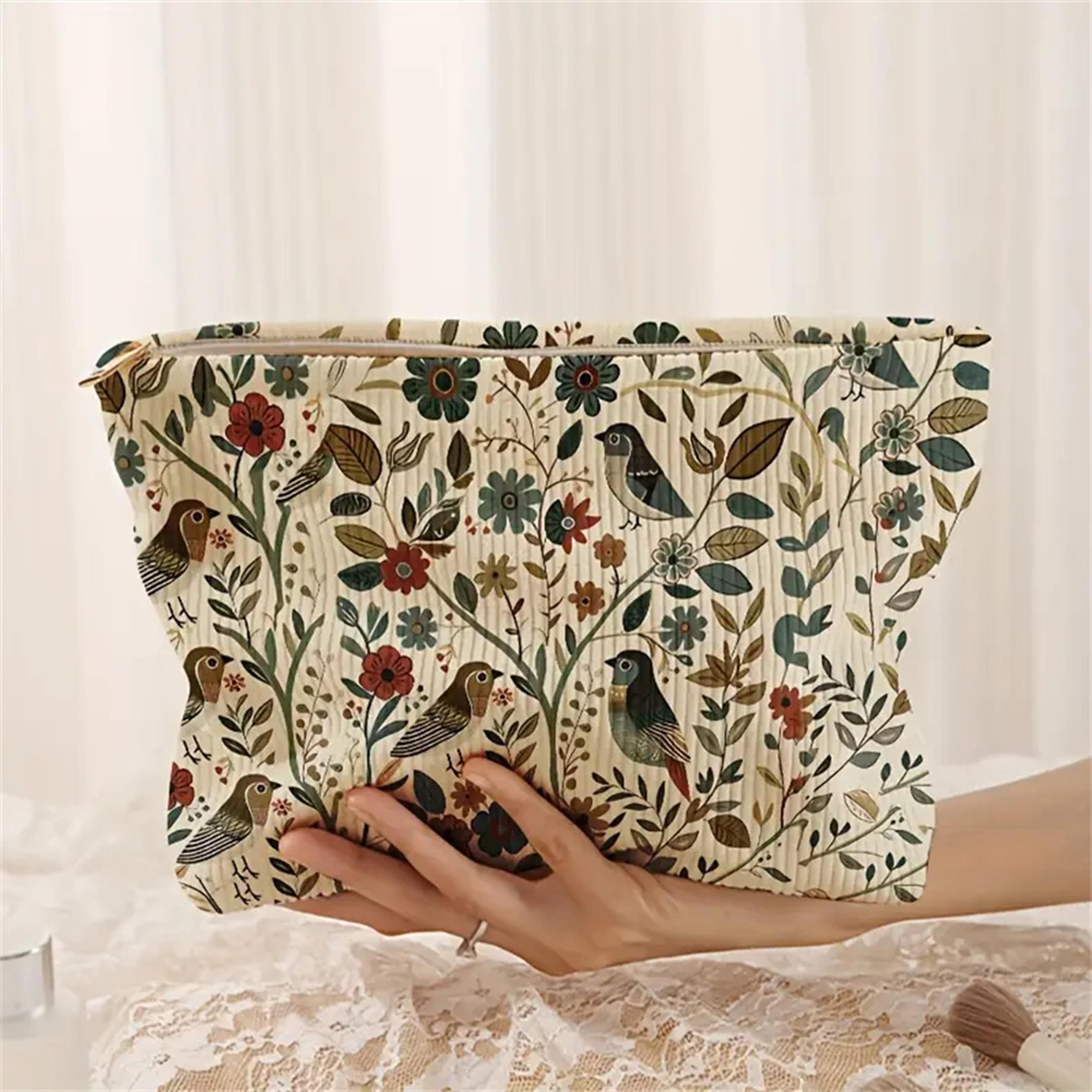 branch bird corduroy makeup bag lightweight travel cosmetic organizer