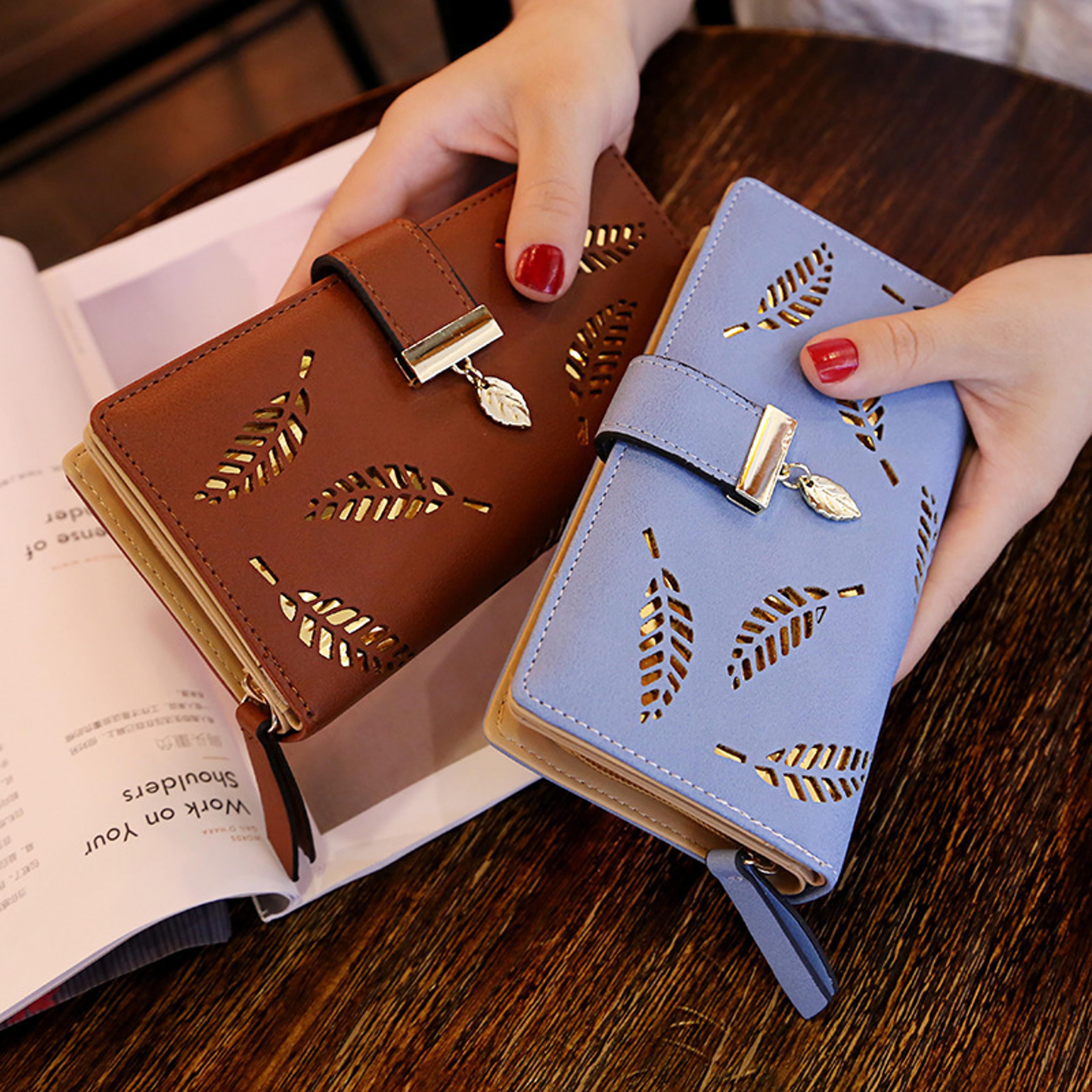 elegant gold leaf pu leather long wallet for women with card and coin storage