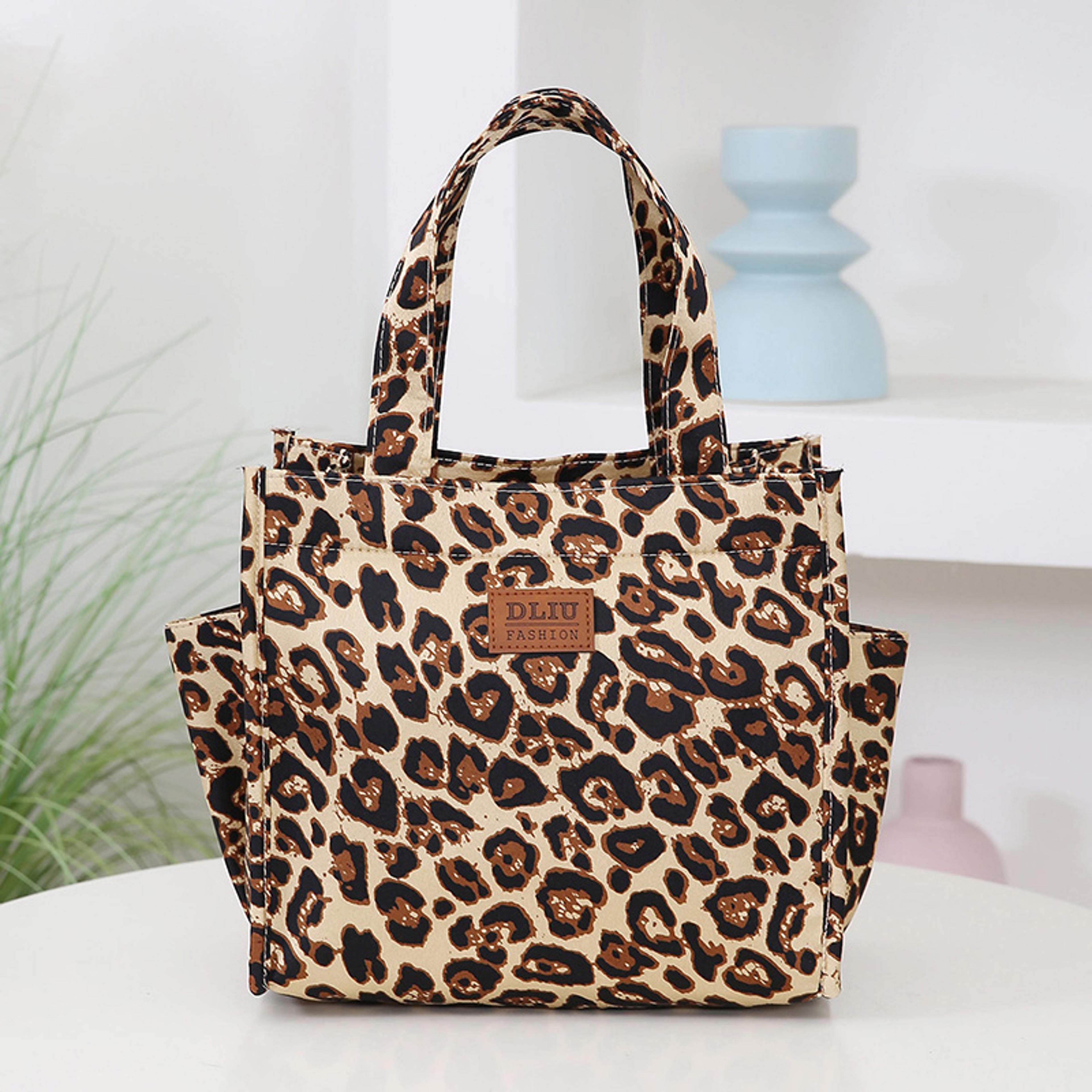 retro leopard print large capacity lunch tote bag with storage pouch