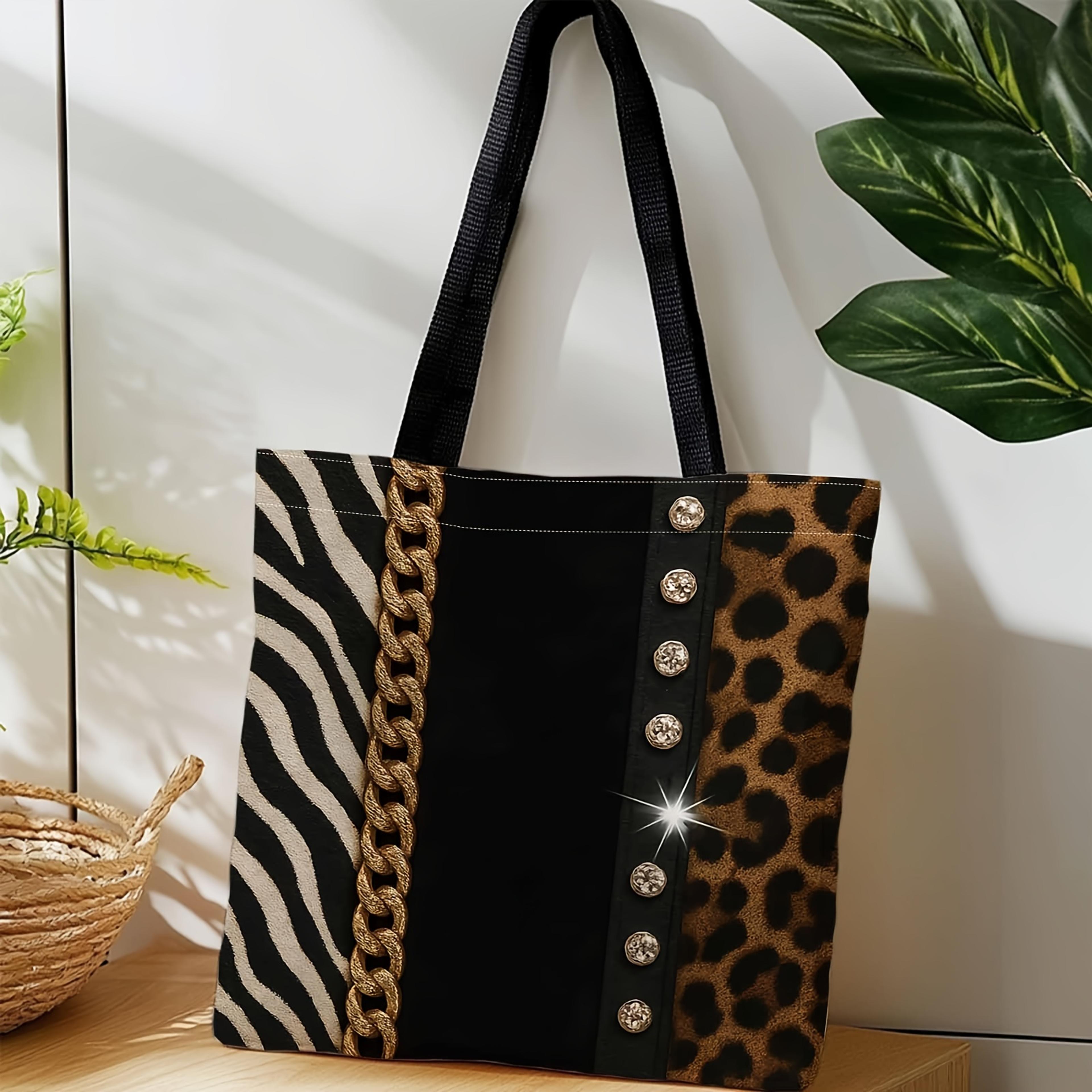 golden chain animal print large capacity tote bag for women