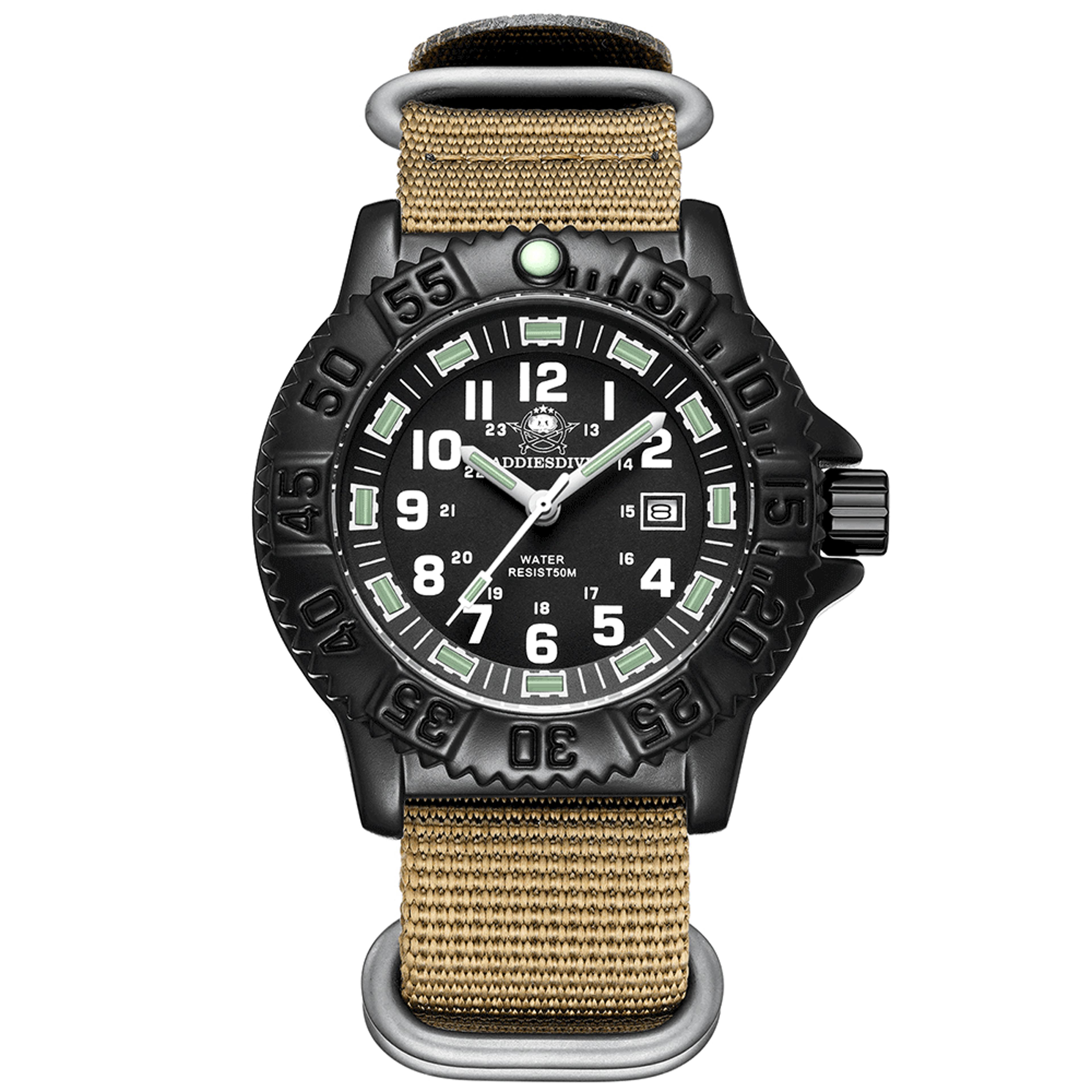 military quartz watch for men with nylon strap, luminous dial and water resistance