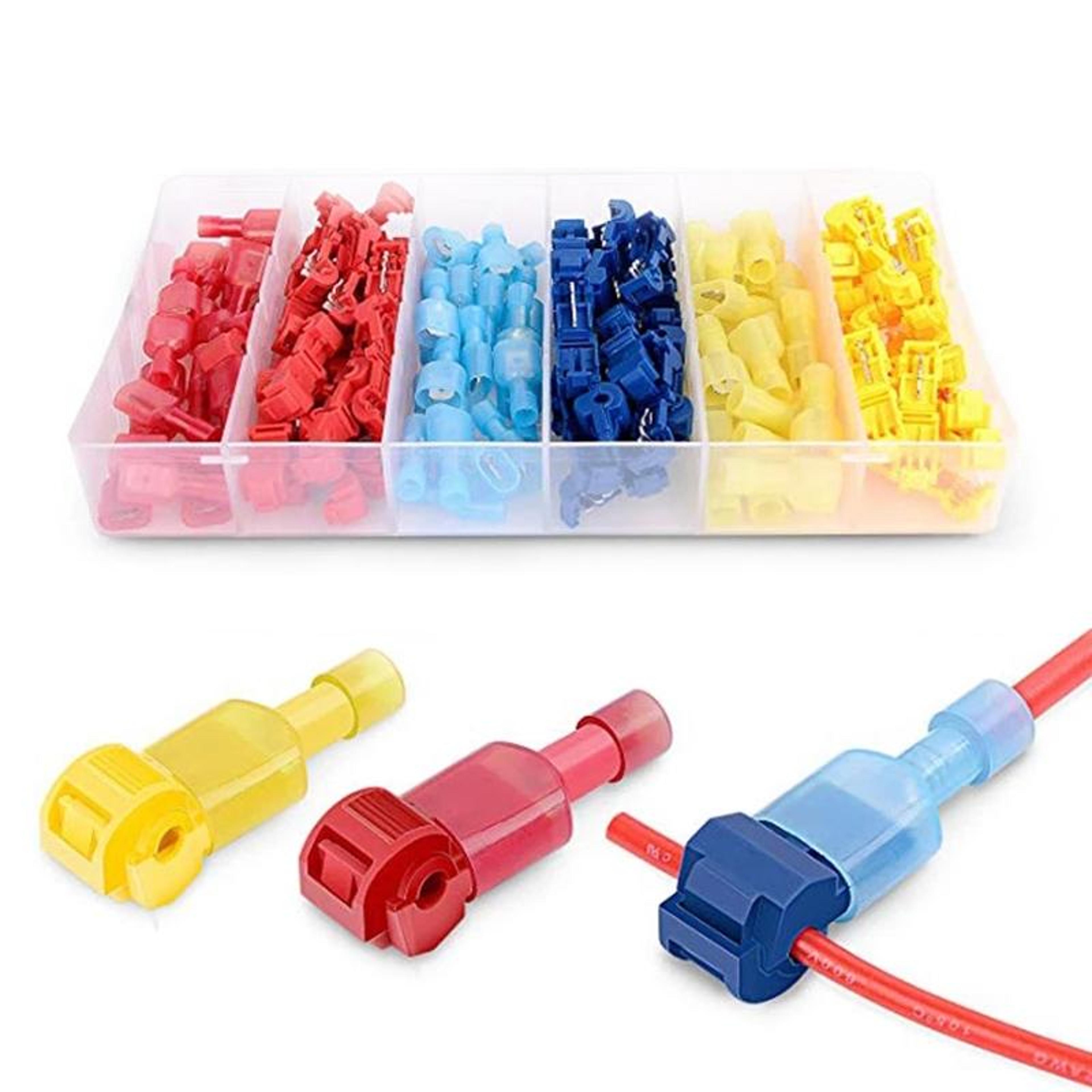 120 piece solderless wire connector set with t shaped push clamps and insulated terminals