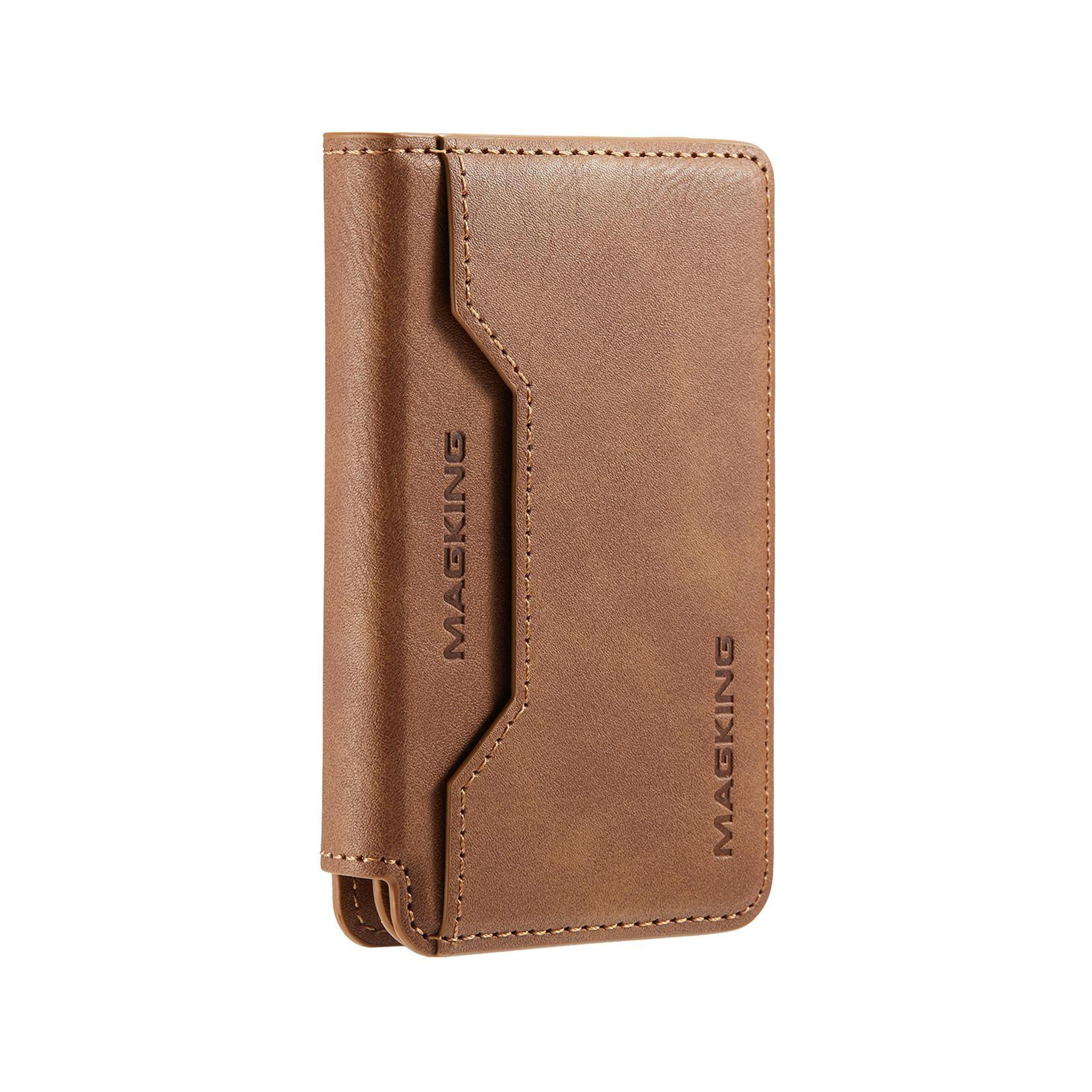 mag safe rfid leather card holder with magnetic attachment and tri fold design brown