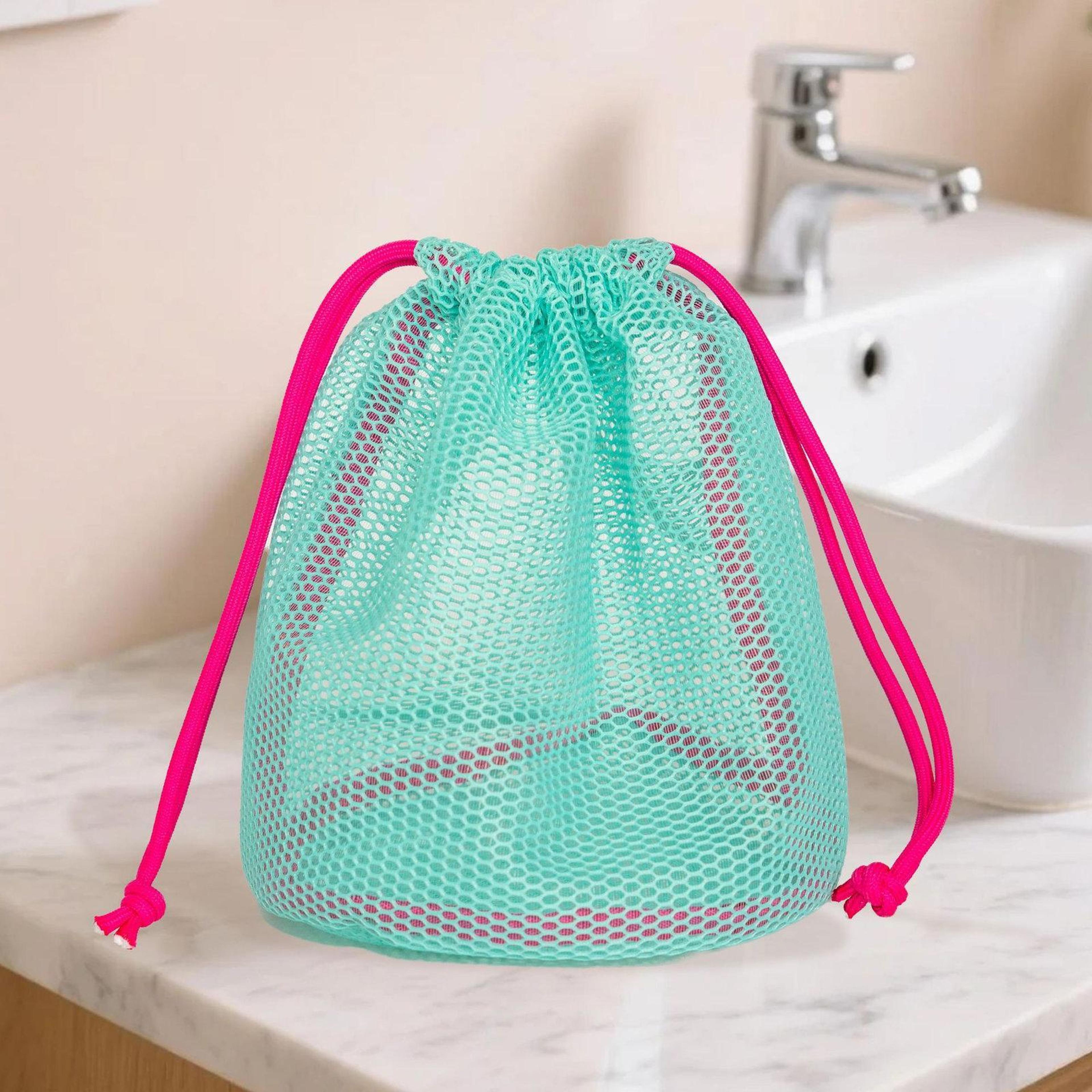 mesh drawstring storage bag breathable blue travel toiletry pouch for beach and swim gear