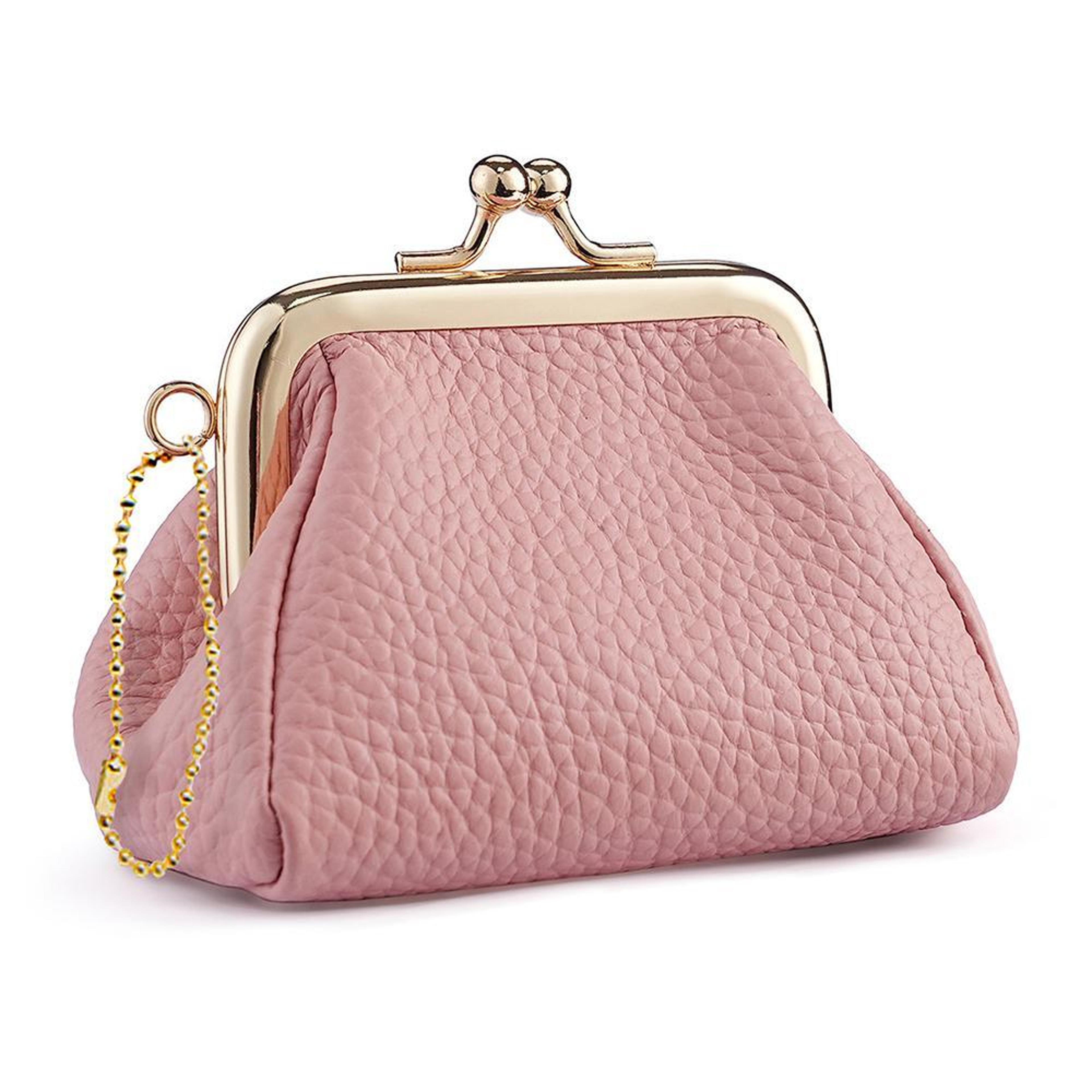 small pink leather coin purse with beaded clasp and key slot