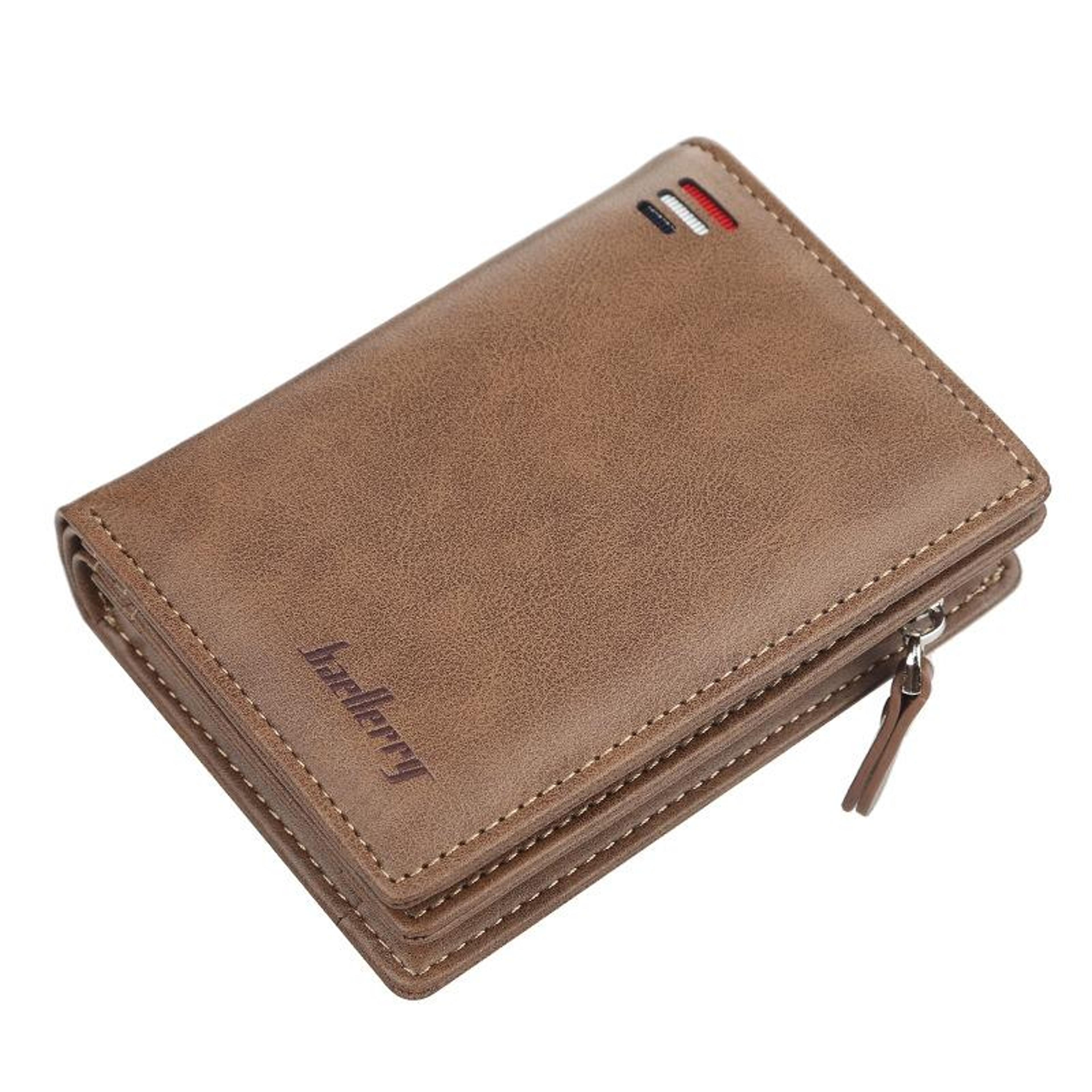 men's pu leather bifold wallet with 10 card slots and magnetic closure khaki