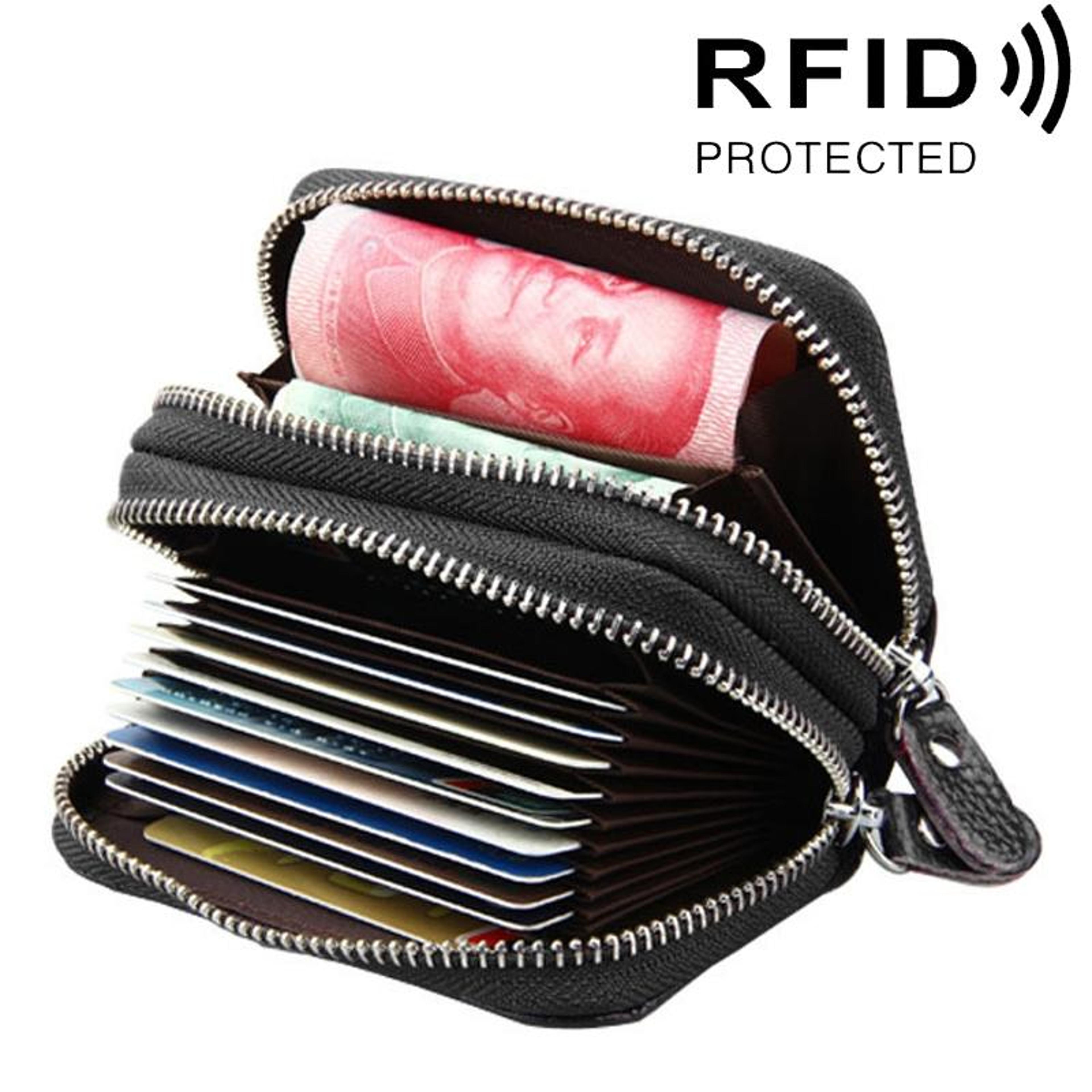 genuine leather rfid blocking card holder wallet with dual layer zipper design