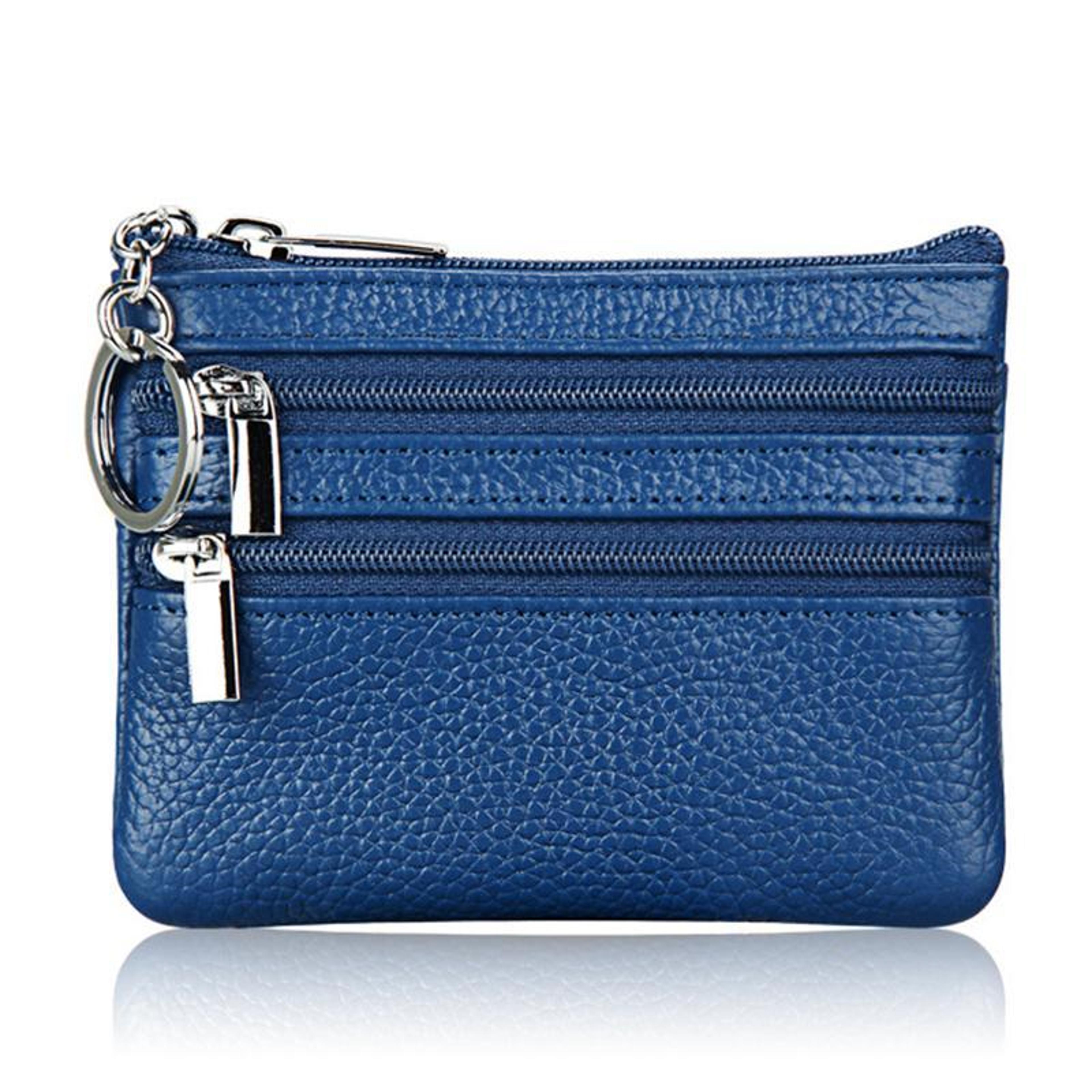 genuine leather double zipper coin purse and trifold wallet in blue