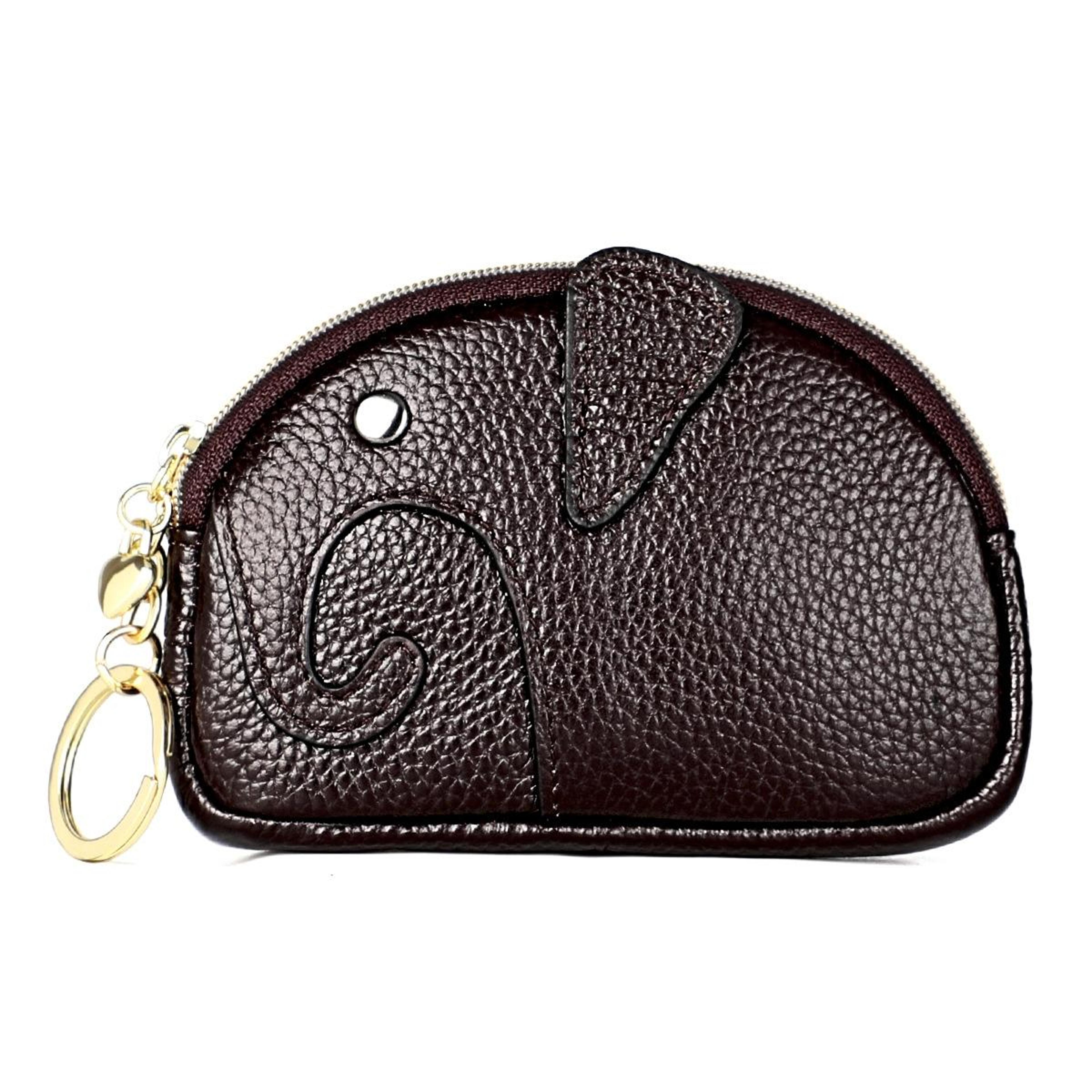 women's genuine cowhide leather elephant coin purse with zipper closure coffee
