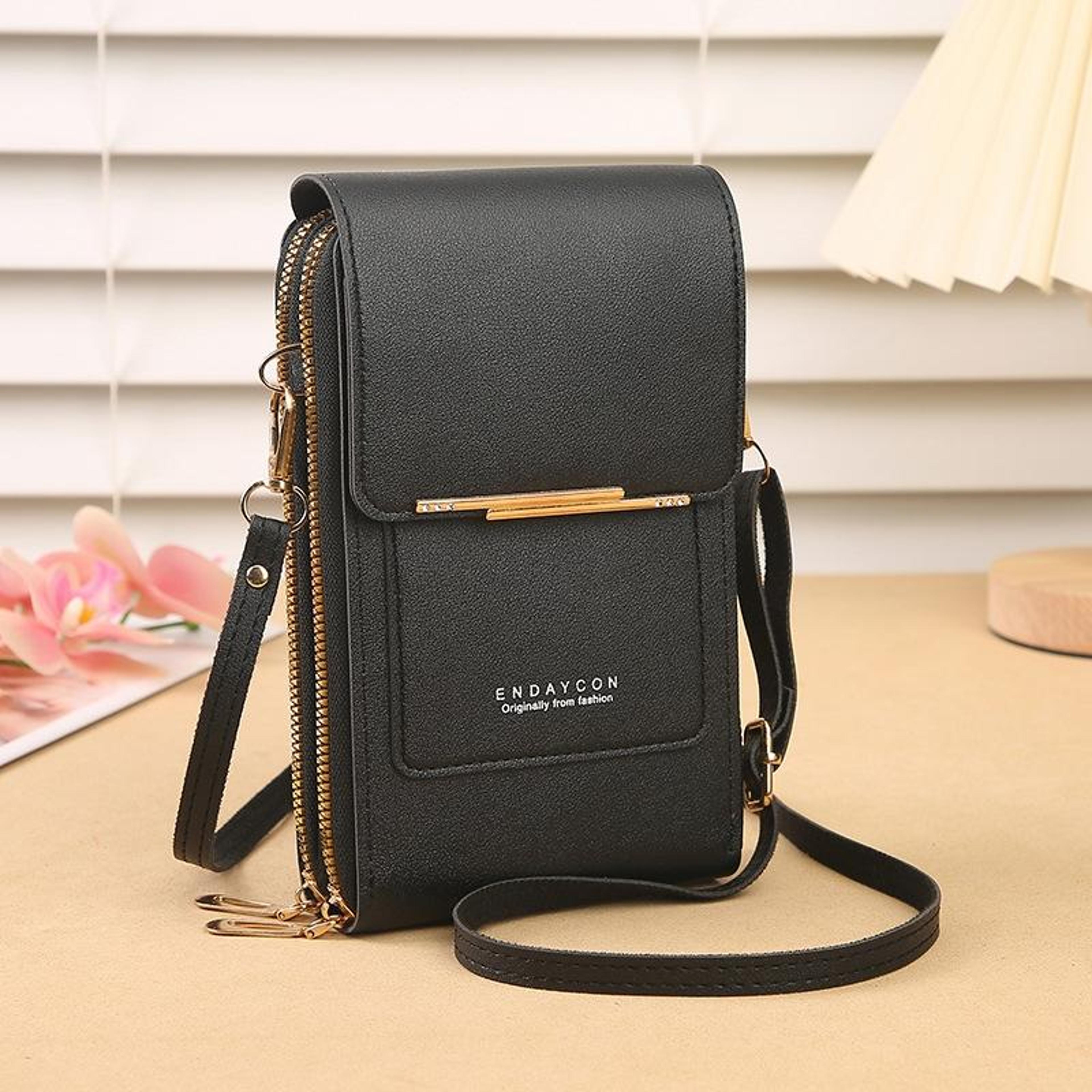 touch screen crossbody phone bag with adjustable strap and zipper pockets black