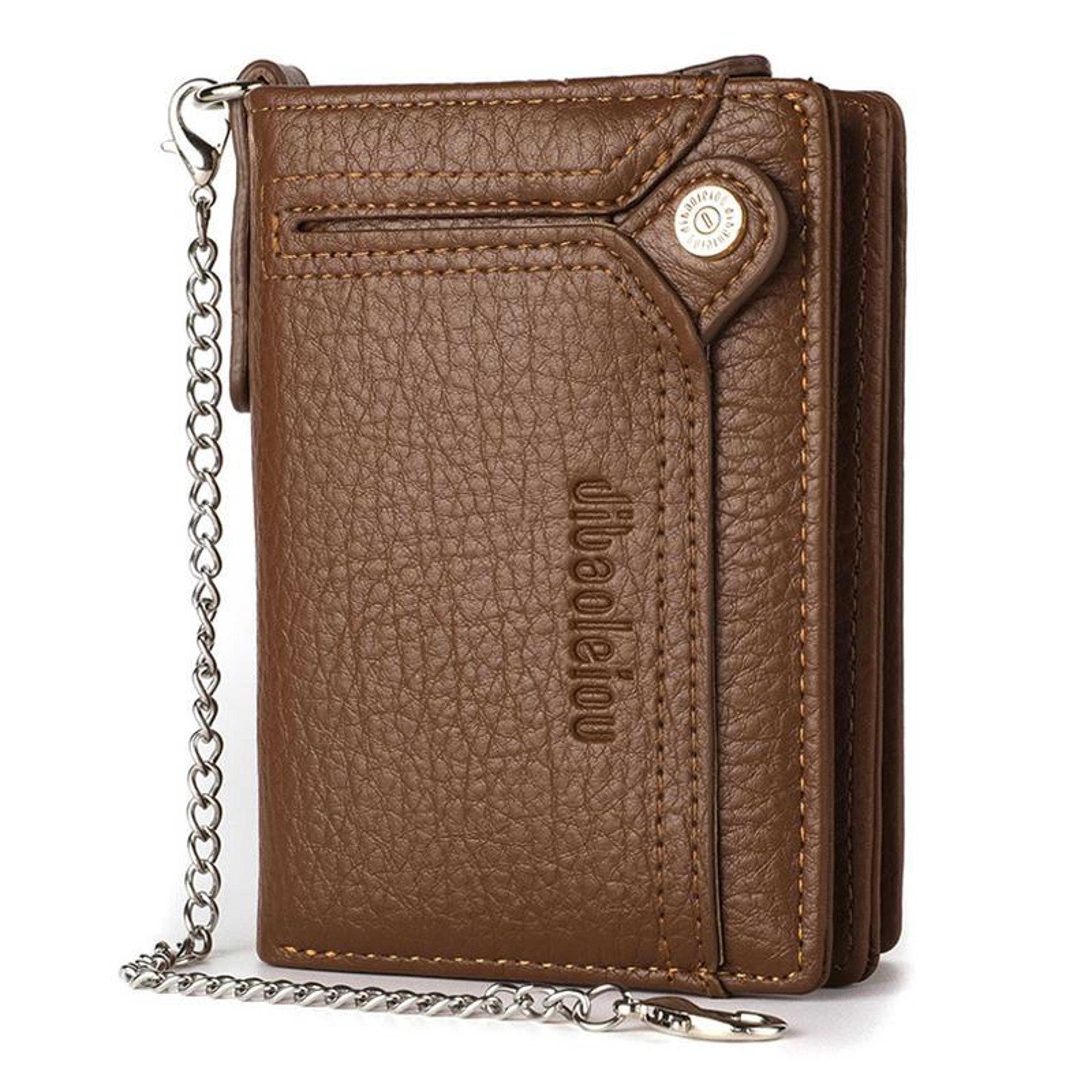 men's brown pu leather chain wallet with zipper pocket and retro design