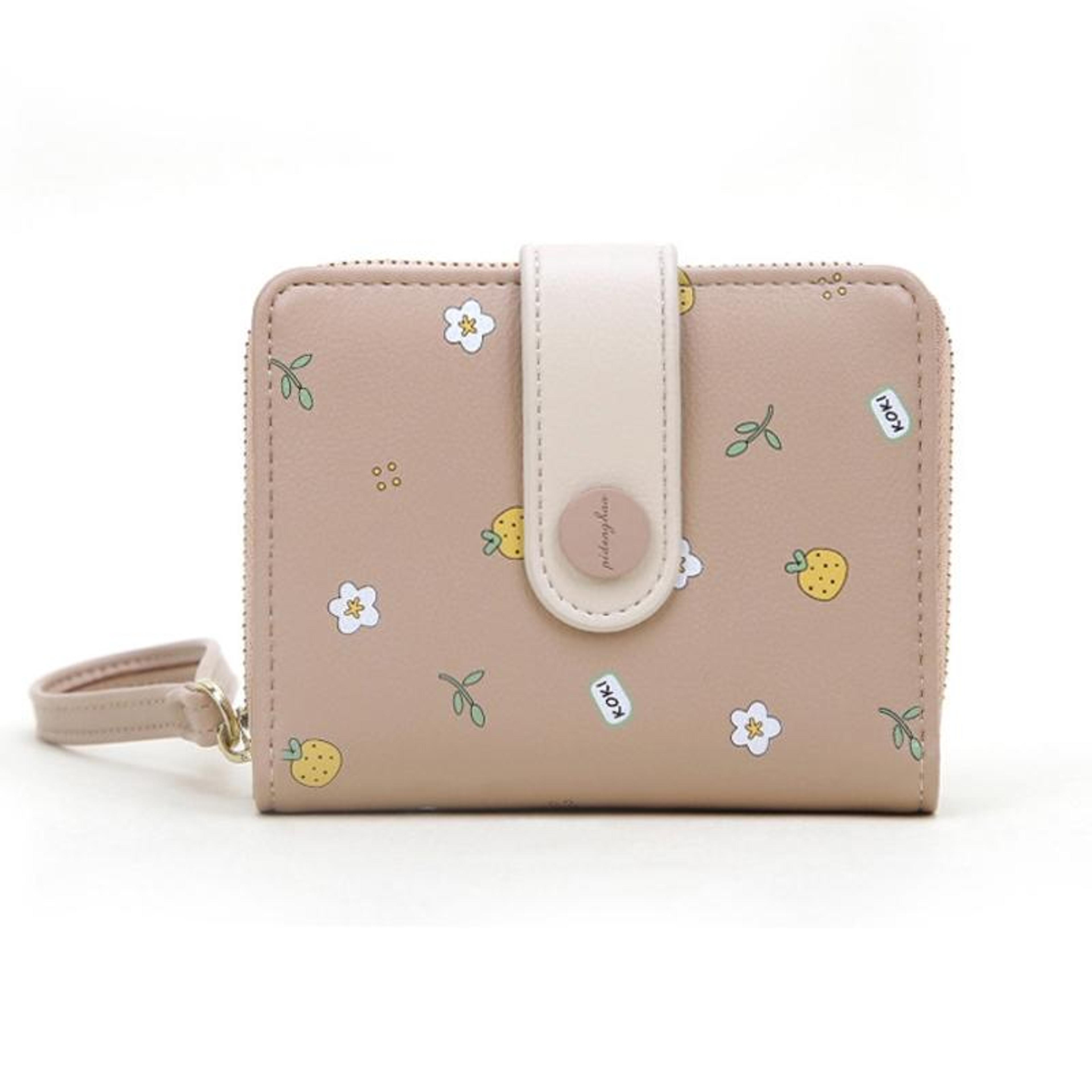 cute printed pu leather short wallet with zipper coin pocket and card slots
