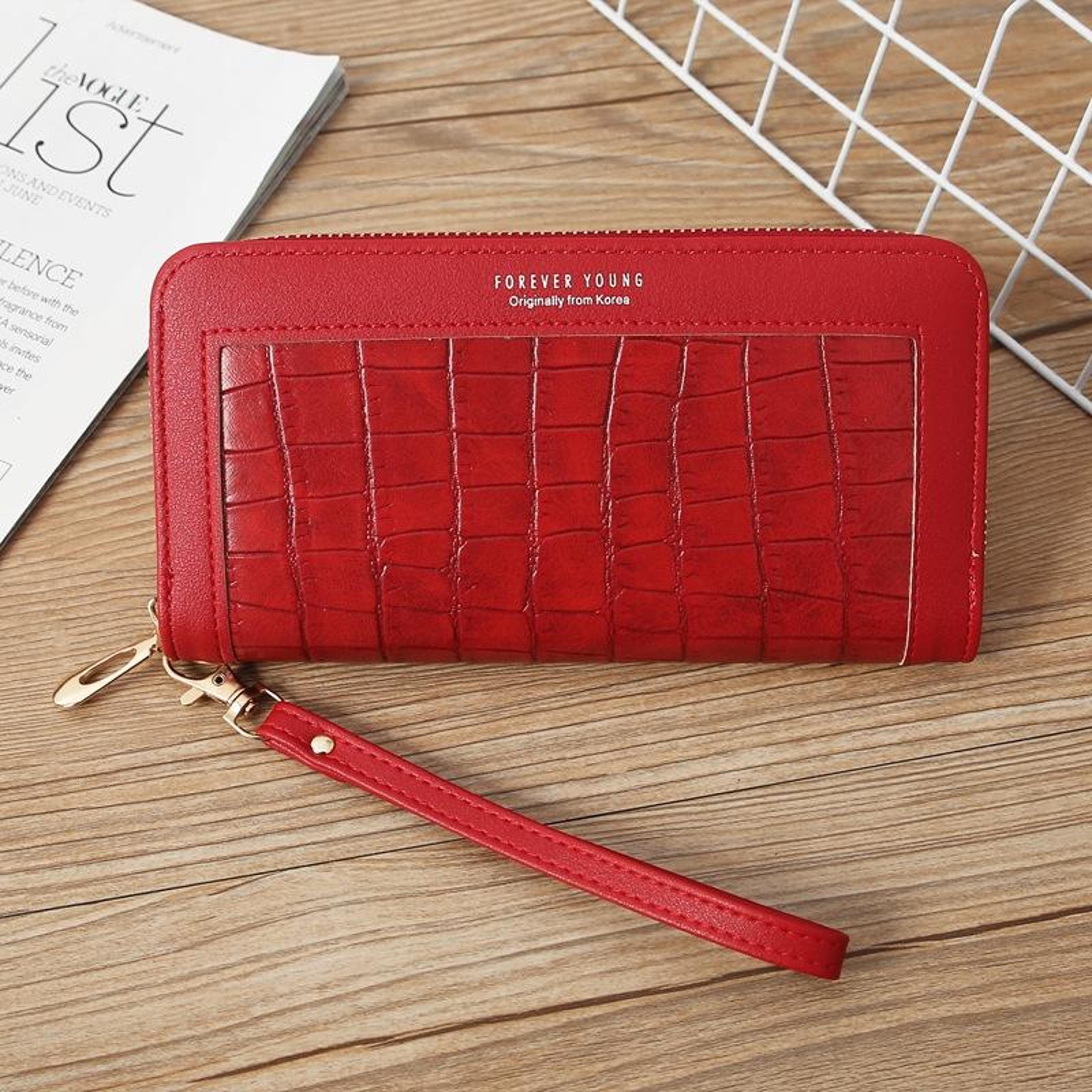women's crocodile pattern long wallet with zipper closure in red