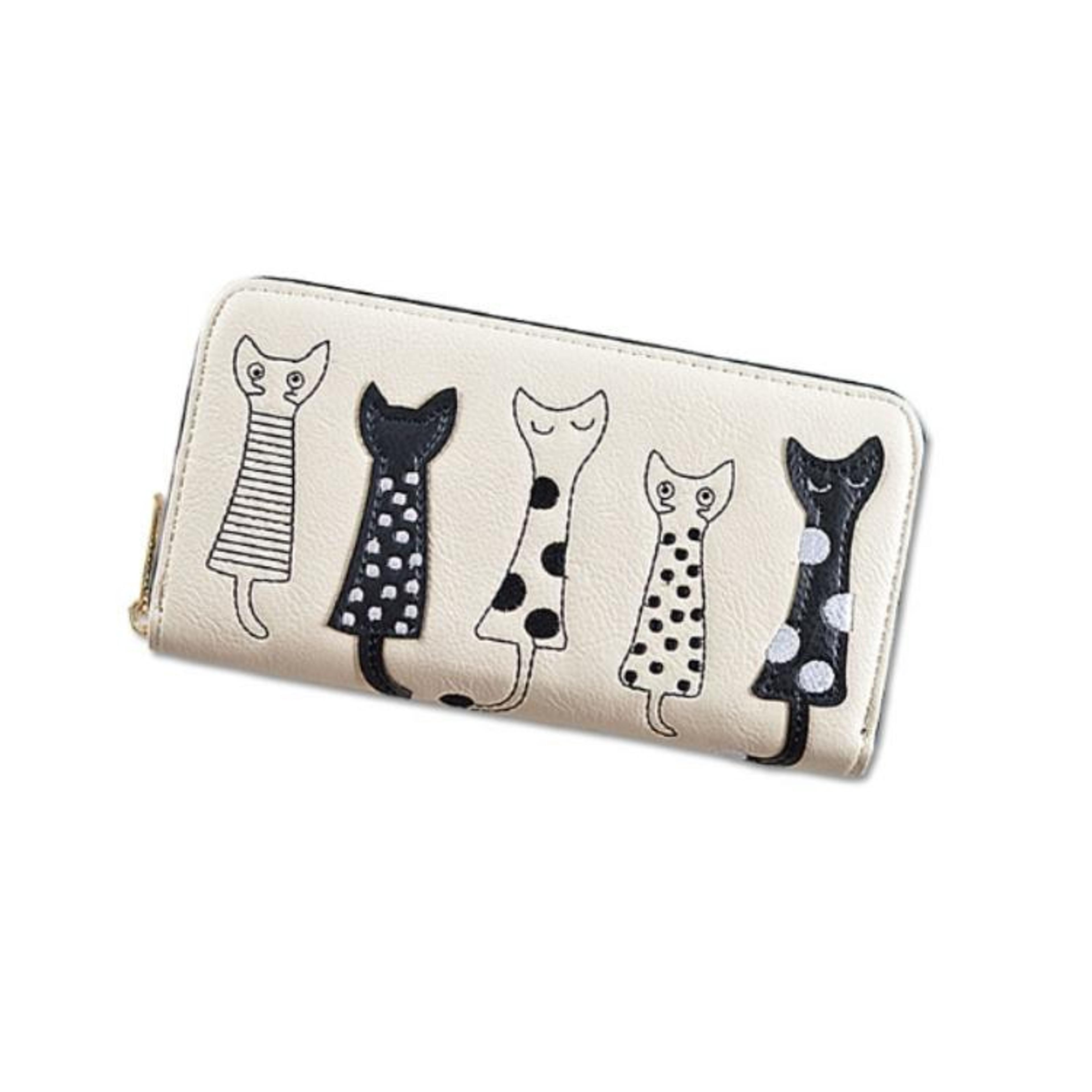 women's cat pattern pu leather wallet in creamy white with soft design