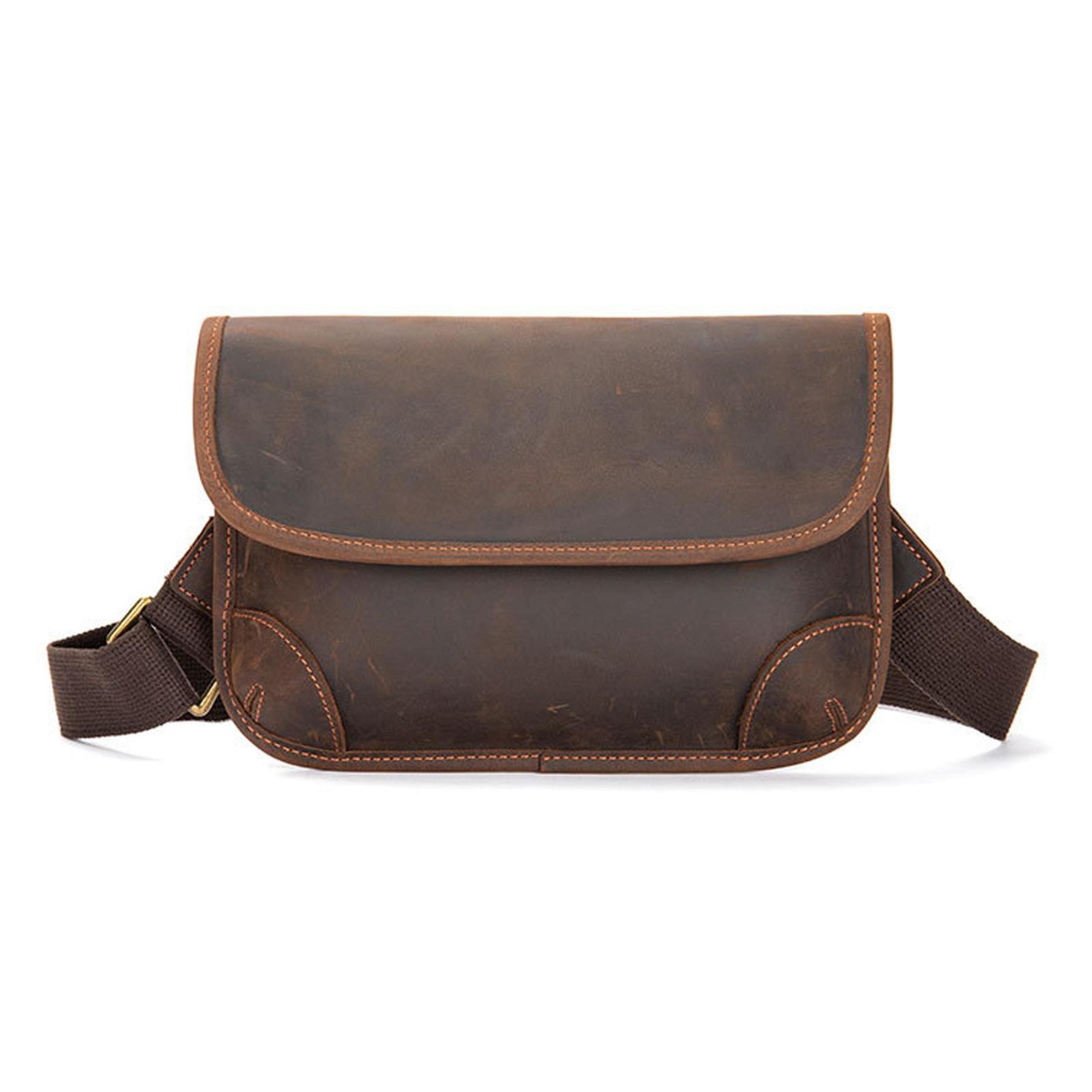 vintage leather crossbody bag with adjustable strap and zipper pockets brown