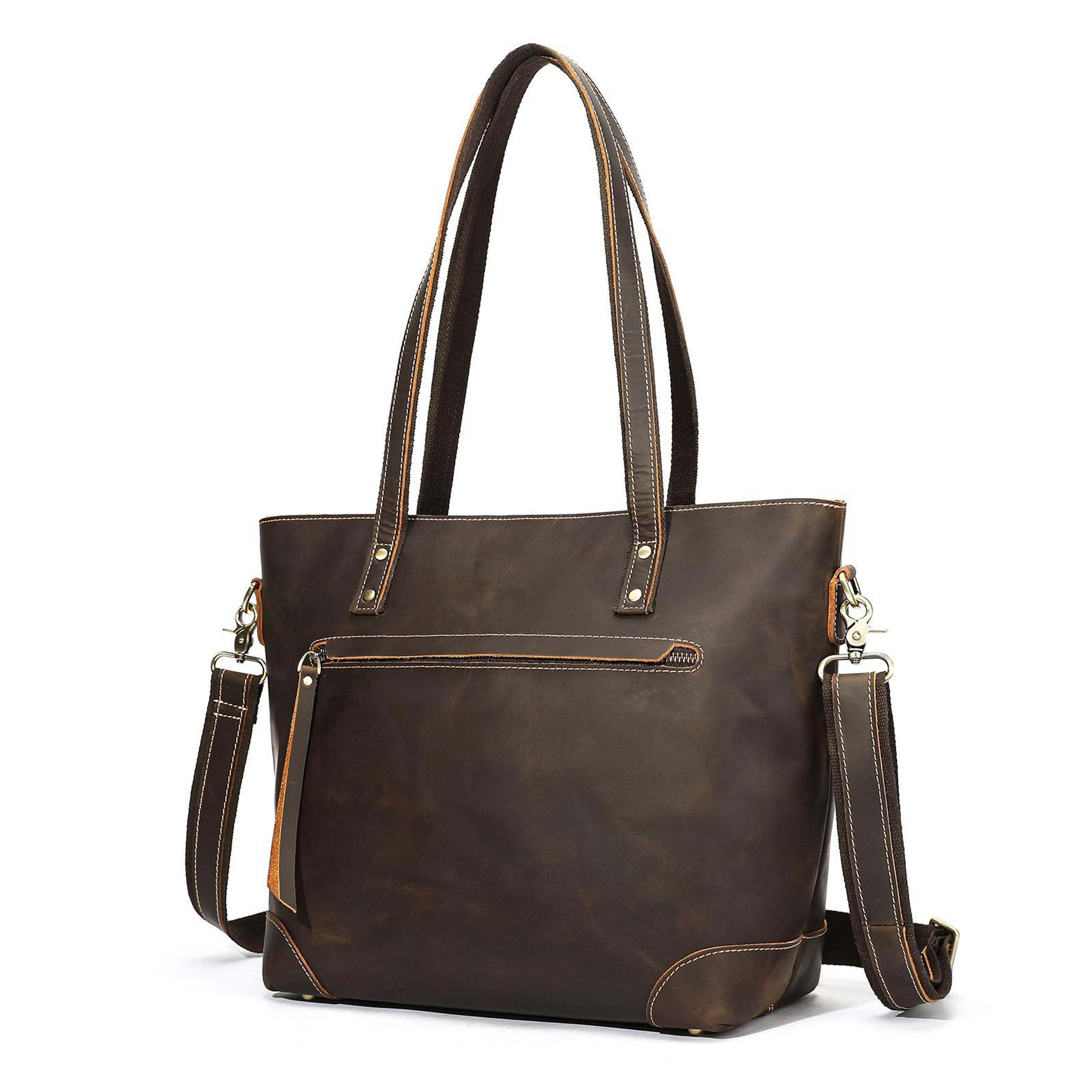 vintage leather tote bag for women with 13 inch laptop compartment and crossbody strap